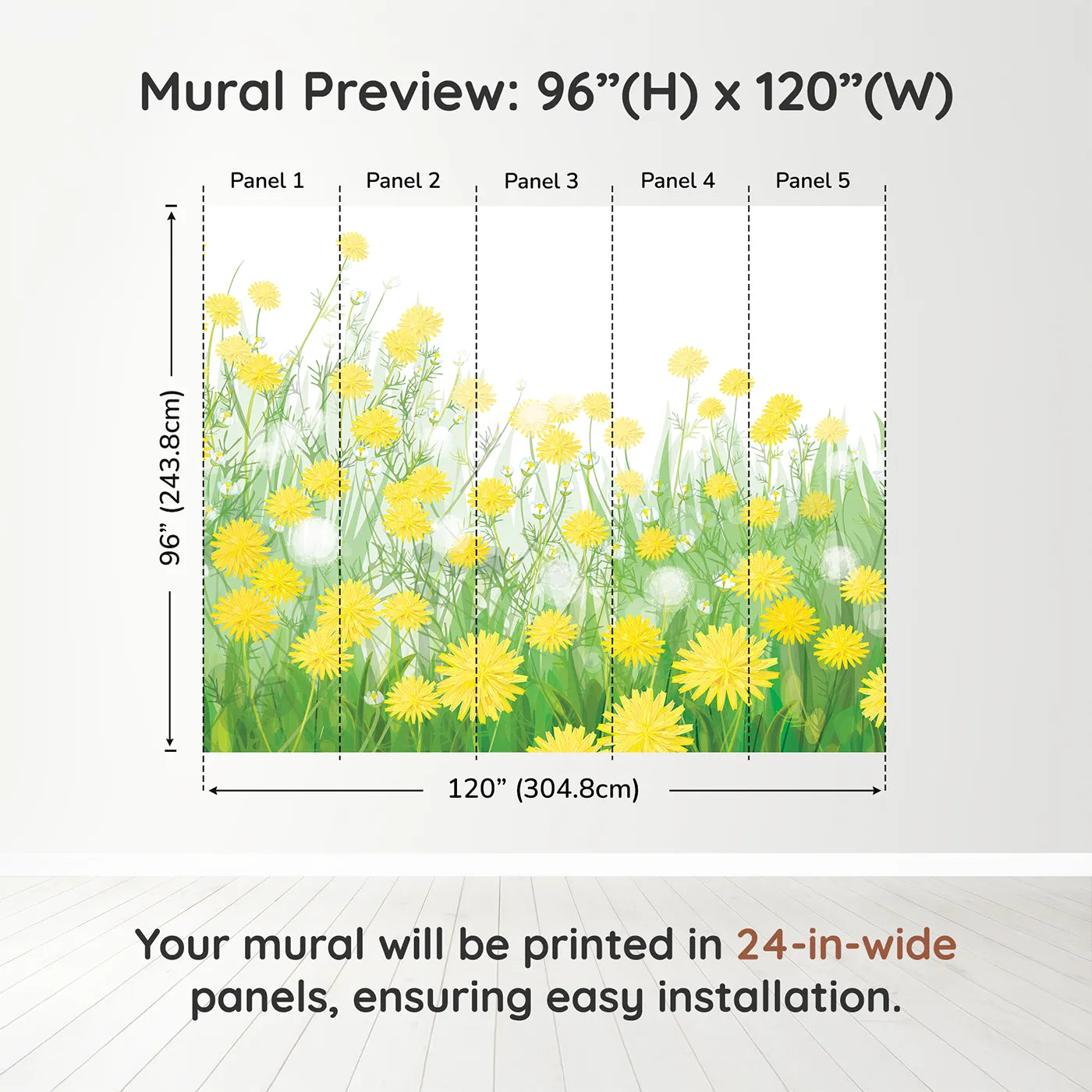 Whimsy Tots Field of Dandelions Wall Muraldimension view (96" H x 120" W). Printed in five 24-inch-wide panels. Gender-Neutral