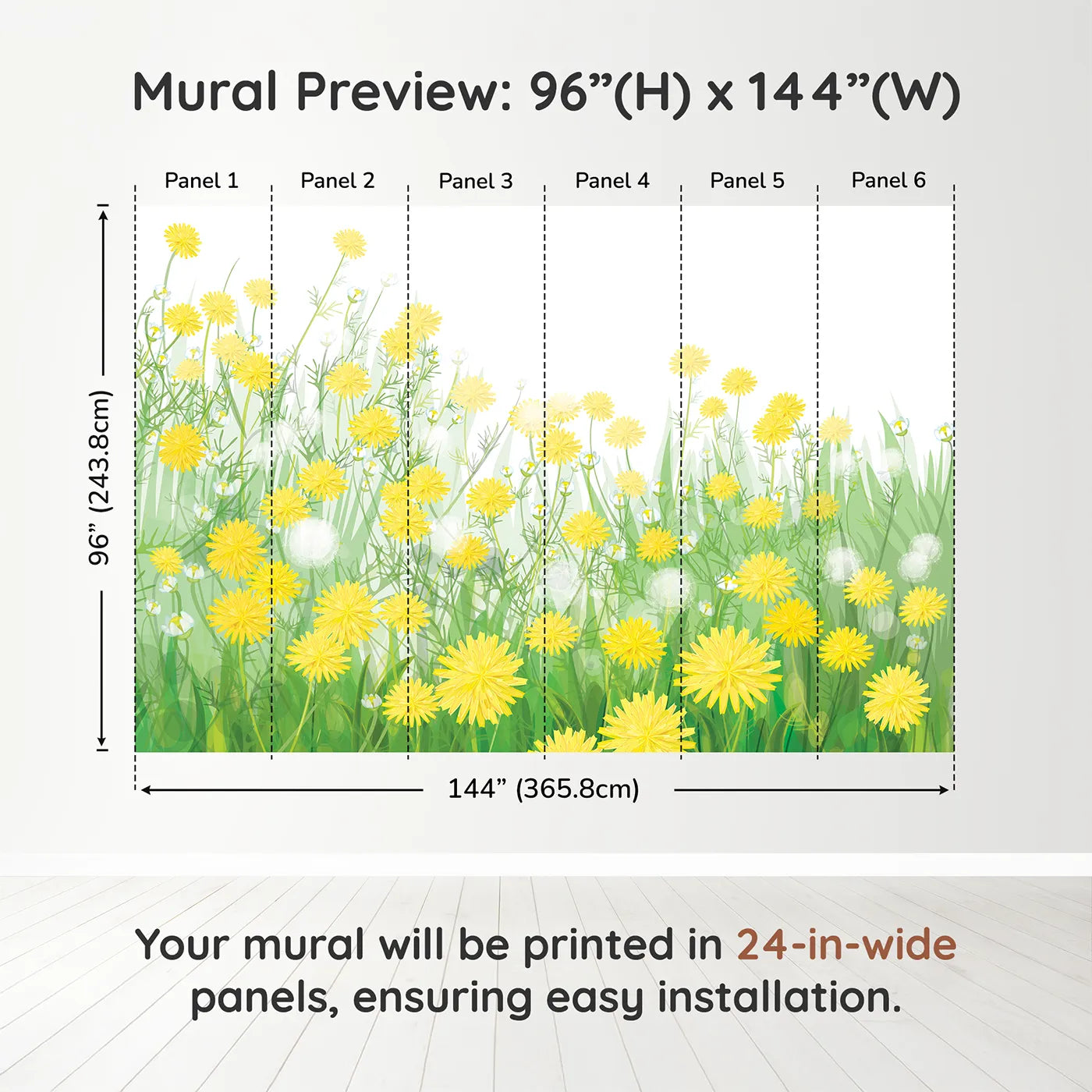 Whimsy Tots Field of Dandelions Wall Muraldimension view (96" H x 144" W). Printed in six 24-inch-wide panels. Gender-Neutral