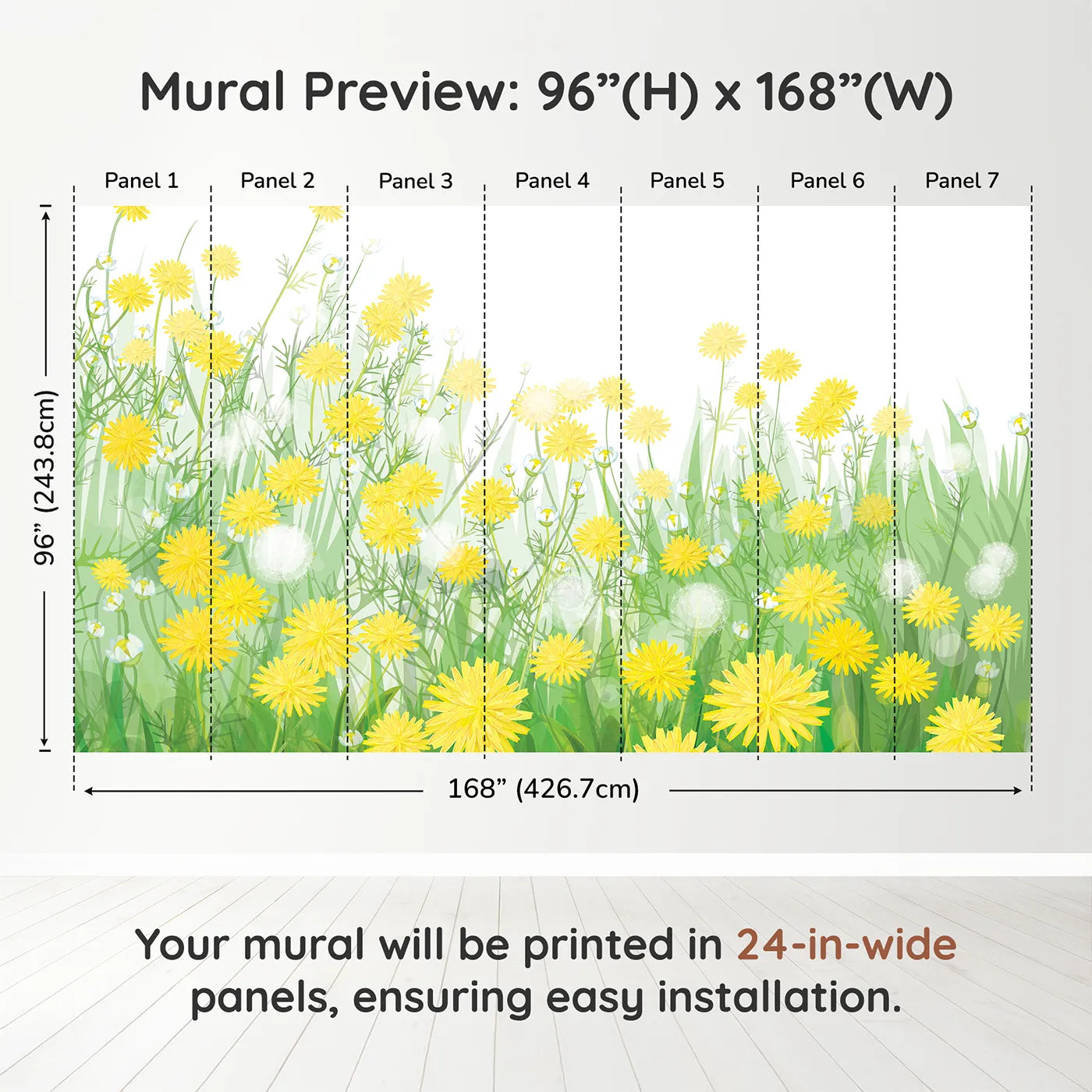Whimsy Tots Field of Dandelions Wall Muraldimension view (96" H x 168" W). Printed in seven 24-inch-wide panels. Gender-Neutral