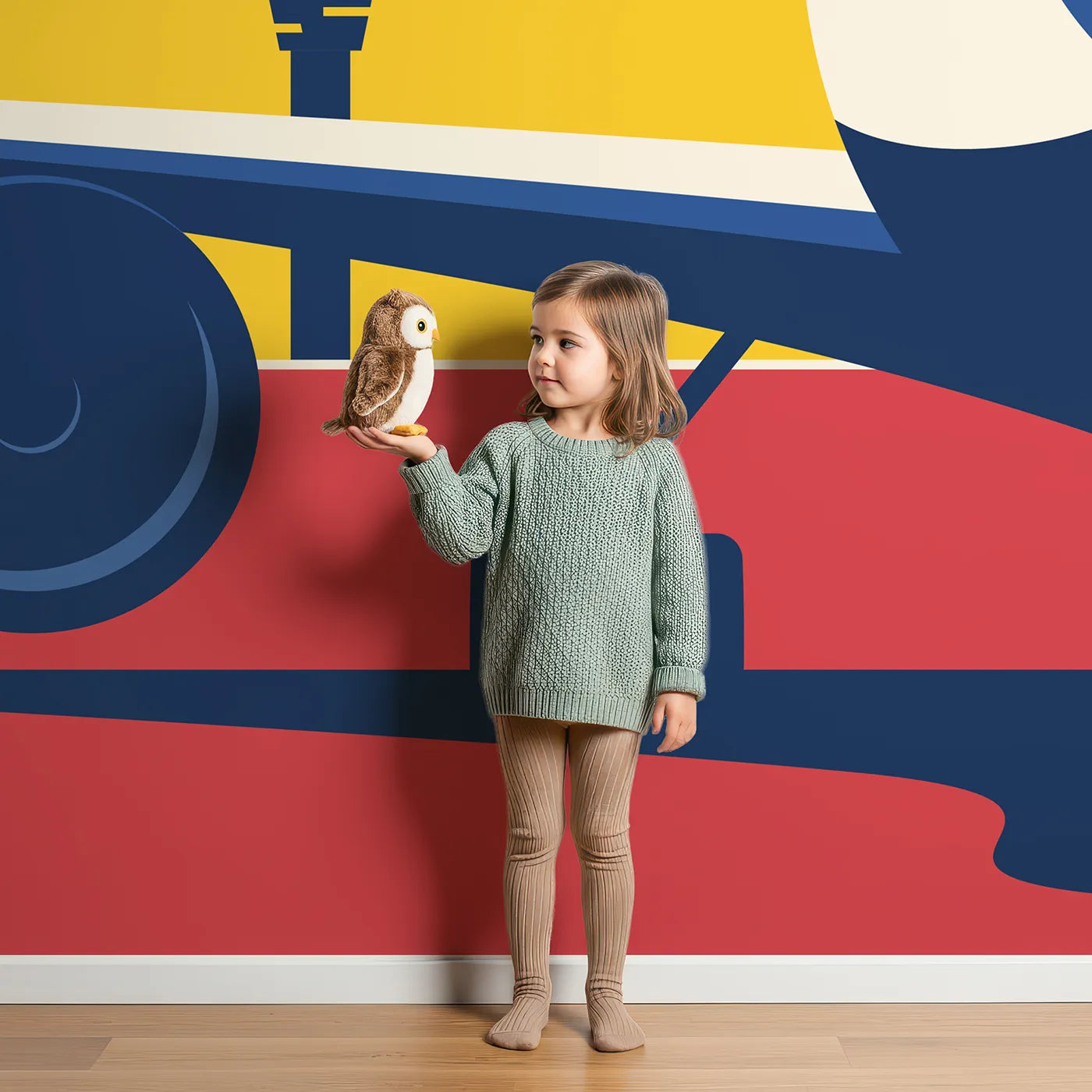 Child in front of Whimsy Tots Airport Sunset Wall Mural with airplane, airport, plane, travel, sunset, runway, jet, tower in design.