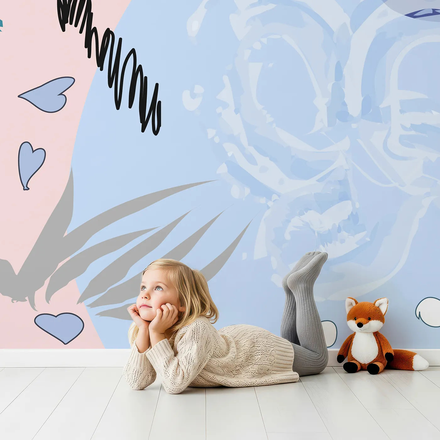 Child in front of Whimsy Tots Abstract Garden Collage Wall Mural with abstract, shape, pattern, blue, pink, modern, art, brushstroke in design.