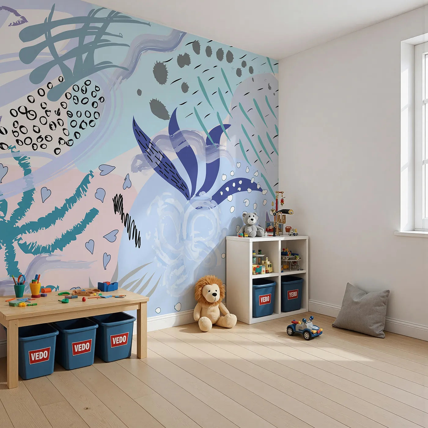 Angled view of Whimsy Tots' Abstract Garden Collage Wall Mural (Turn Their Room into a Modern Art Masterpiece).Gender-Neutral