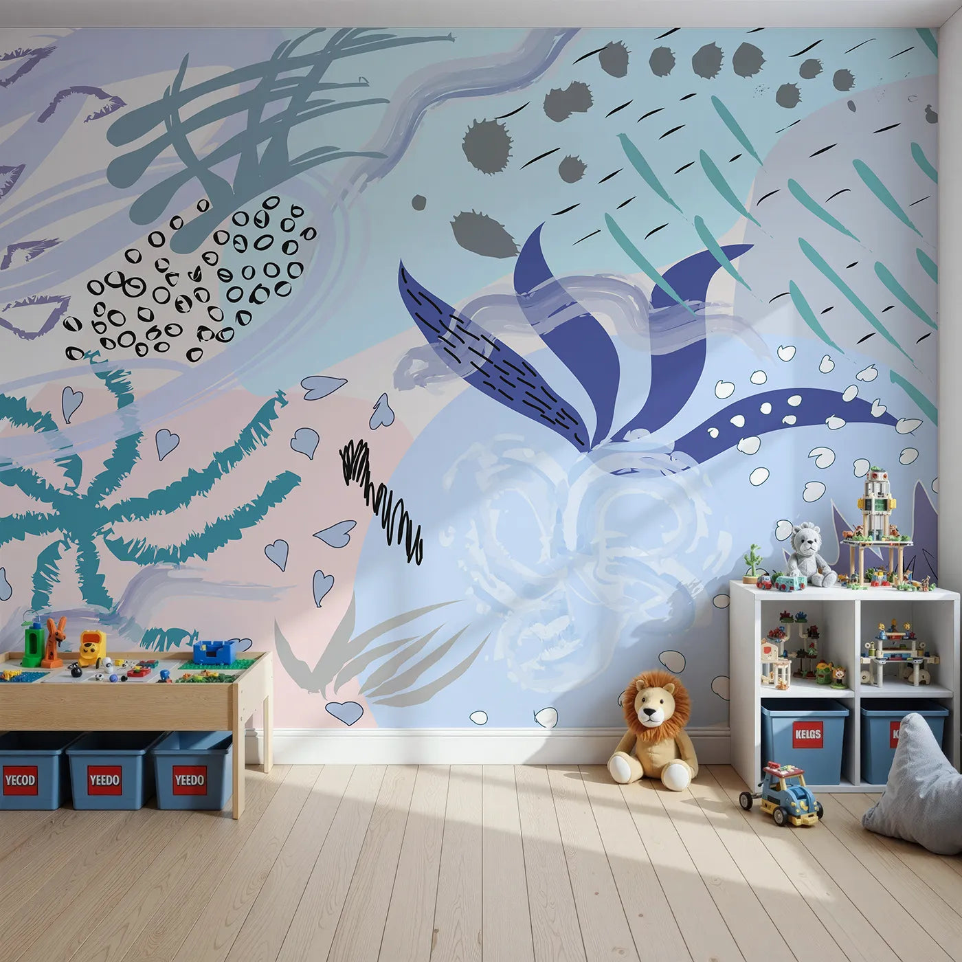 Front view of Whimsy Tots' Abstract Garden Collage Wall Mural