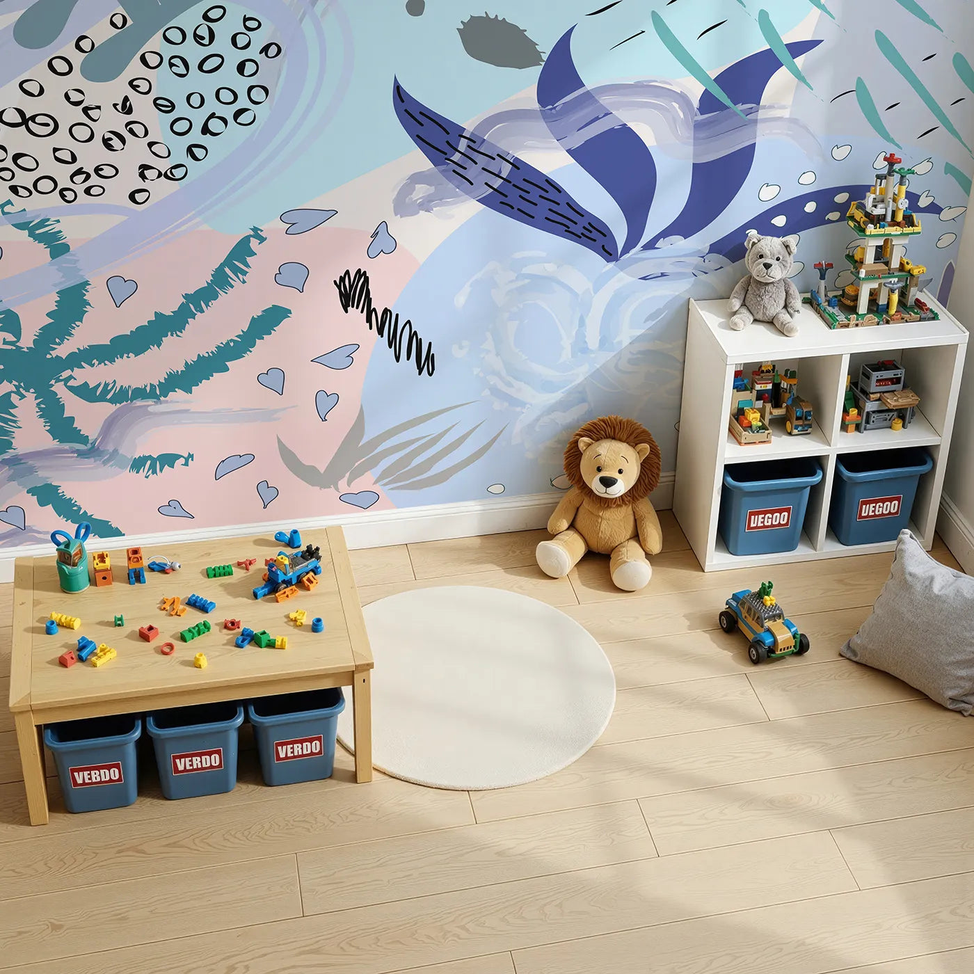 Top-down view of Whimsy Tots' Abstract Garden Collage Wall Mural (Turn Their Room into a Modern Art Masterpiece).Gender-Neutral