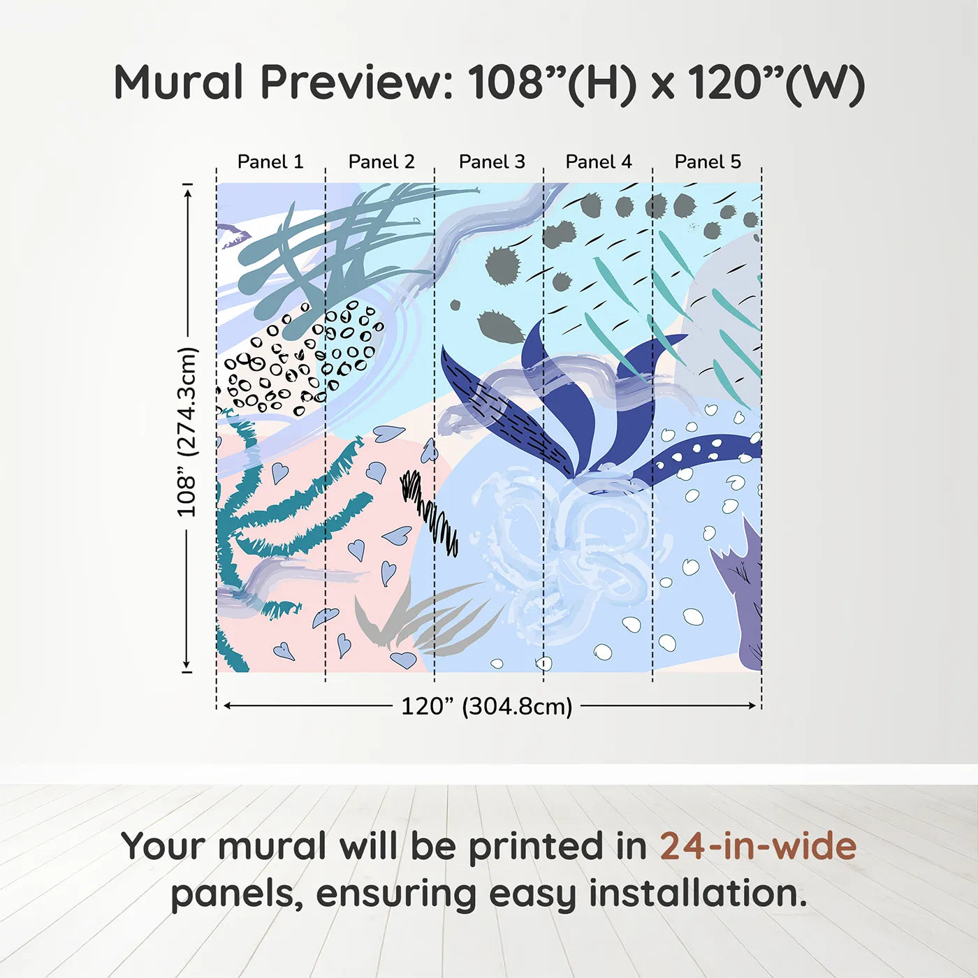 Whimsy Tots Abstract Garden Collage Wall Muraldimension view (108" H x 120" W). Printed in five 24-inch-wide panels. Gender-Neutral