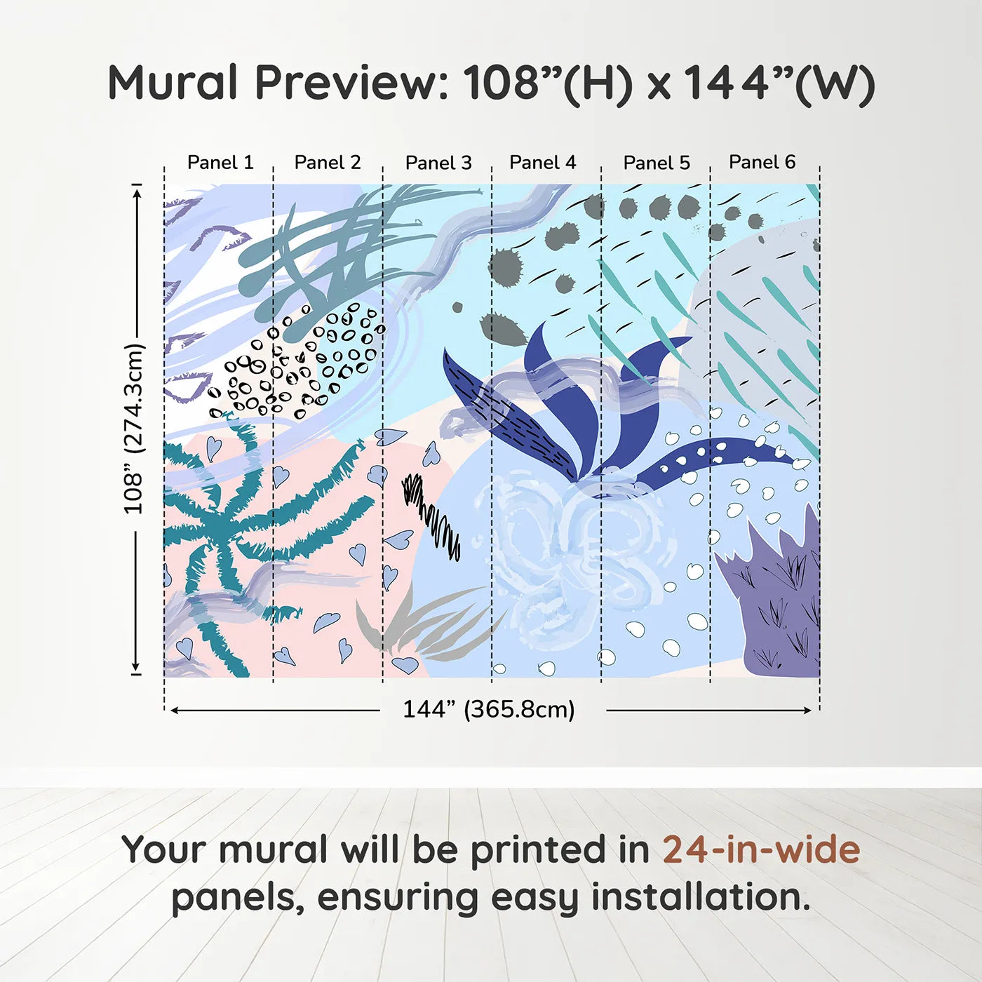 Whimsy Tots Abstract Garden Collage Wall Muraldimension view (108" H x 144" W). Printed in six 24-inch-wide panels. Gender-Neutral