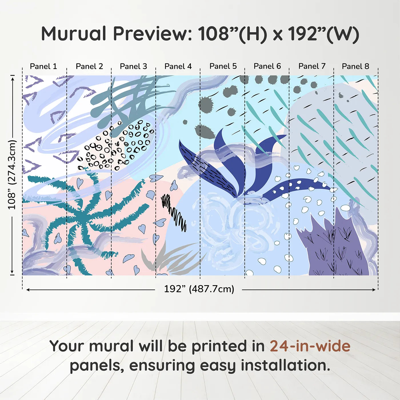 Whimsy Tots Abstract Garden Collage Wall Muraldimension view (108" H x 192" W). Printed in eight 24-inch-wide panels. Gender-Neutral