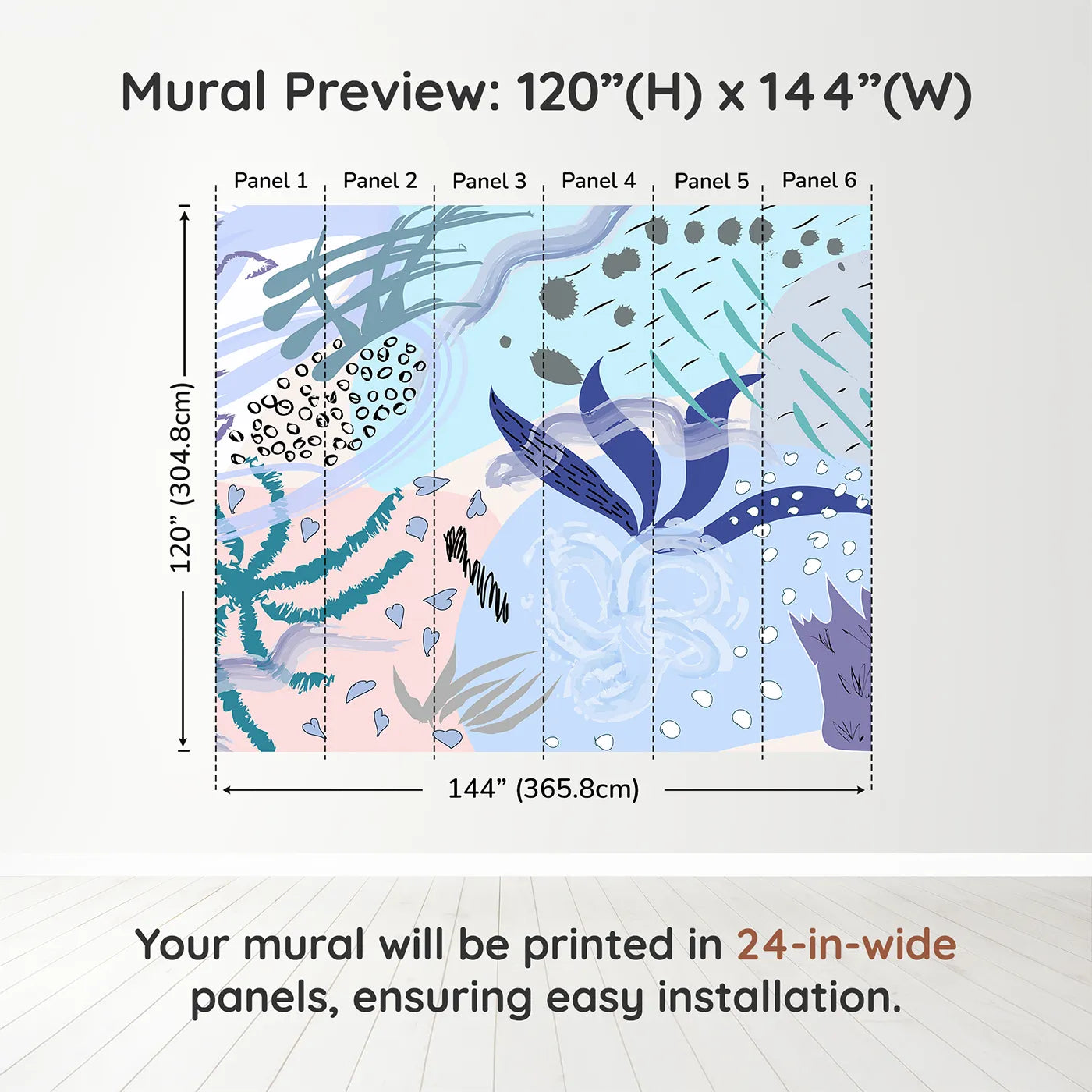 Whimsy Tots Abstract Garden Collage Wall Muraldimension view (120" H x 144" W). Printed in six 24-inch-wide panels. Gender-Neutral