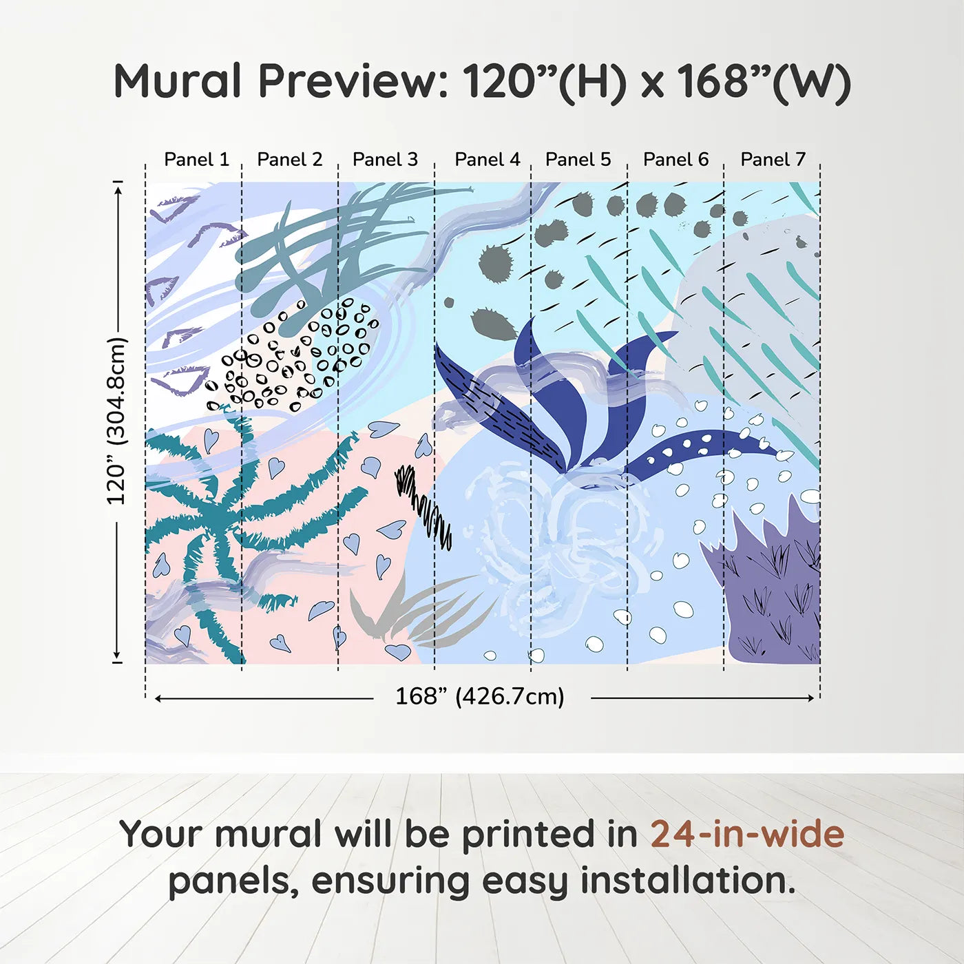 Whimsy Tots Abstract Garden Collage Wall Muraldimension view (120" H x 168" W). Printed in seven 24-inch-wide panels. Gender-Neutral
