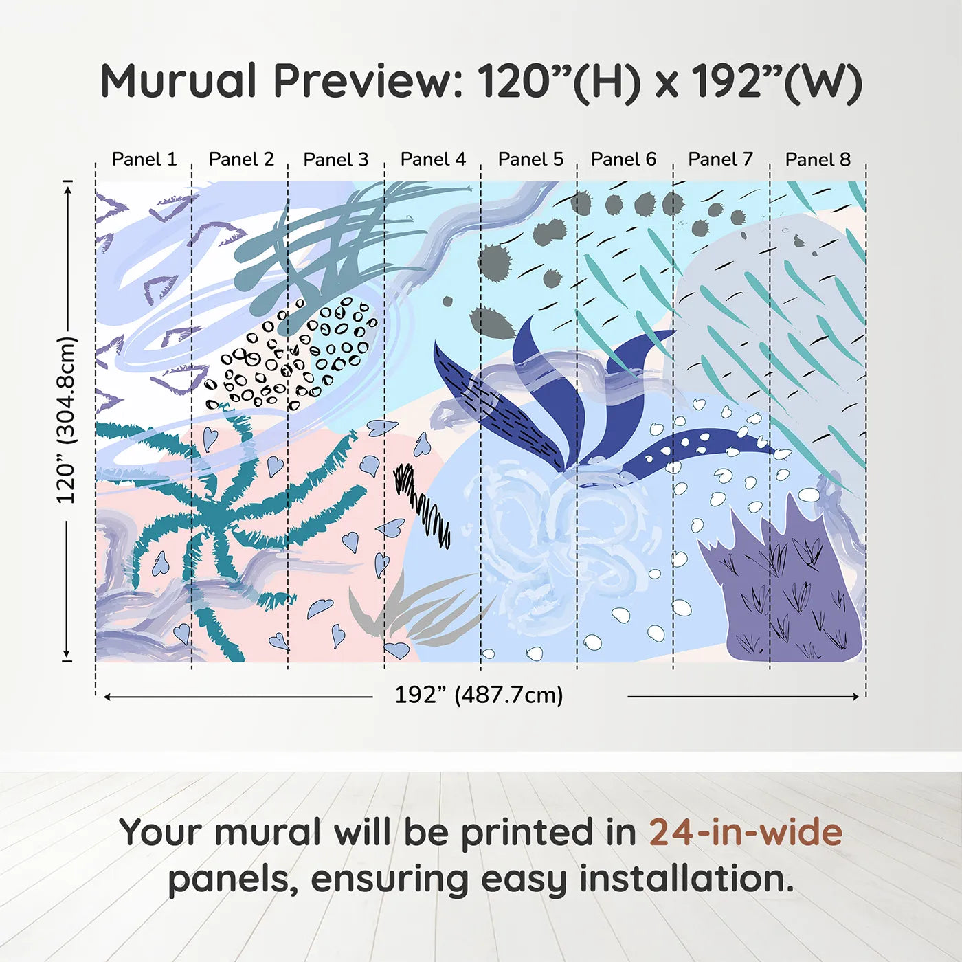 Whimsy Tots Abstract Garden Collage Wall Muraldimension view (120" H x 192" W). Printed in eight 24-inch-wide panels. Gender-Neutral