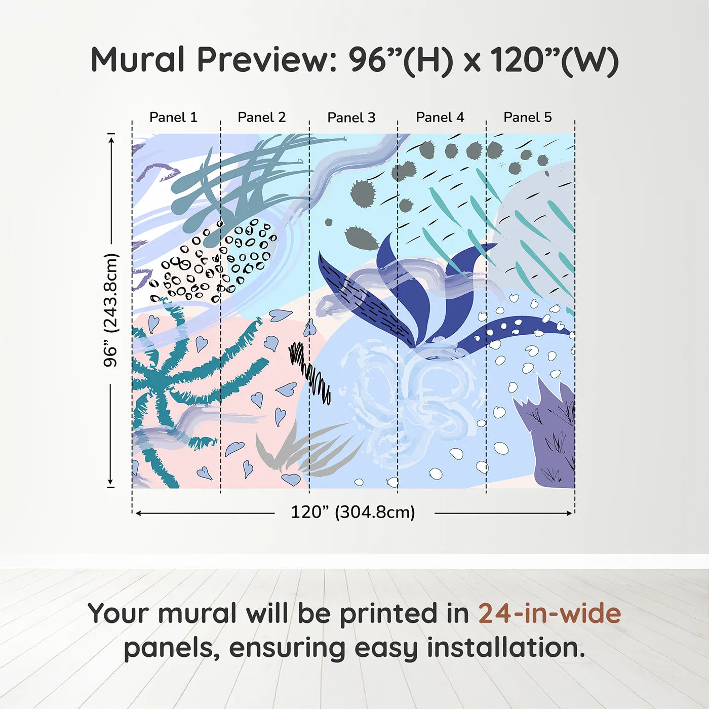 Whimsy Tots Abstract Garden Collage Wall Muraldimension view (96" H x 120" W). Printed in five 24-inch-wide panels. Gender-Neutral