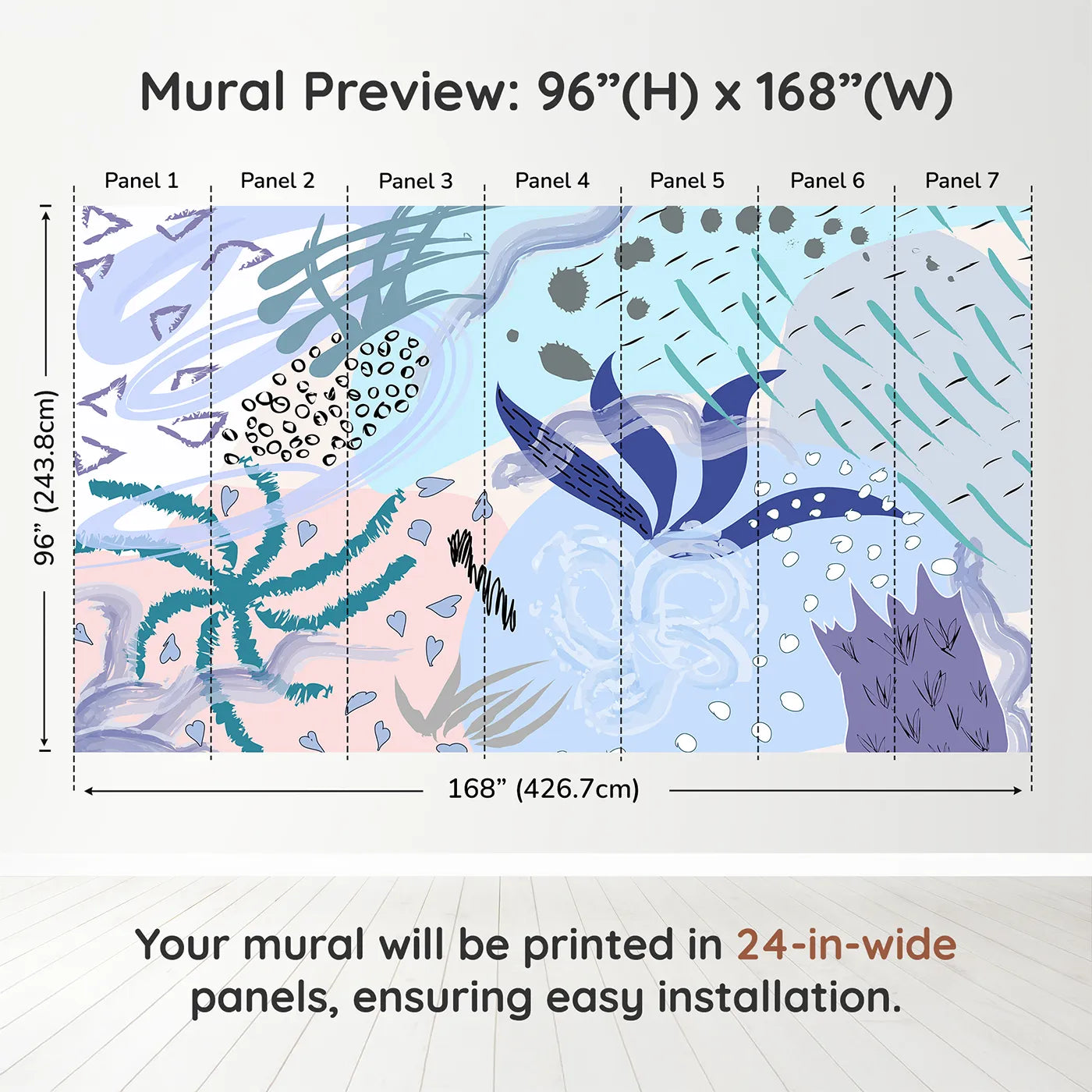 Whimsy Tots Abstract Garden Collage Wall Muraldimension view (96" H x 168" W). Printed in seven 24-inch-wide panels. Gender-Neutral