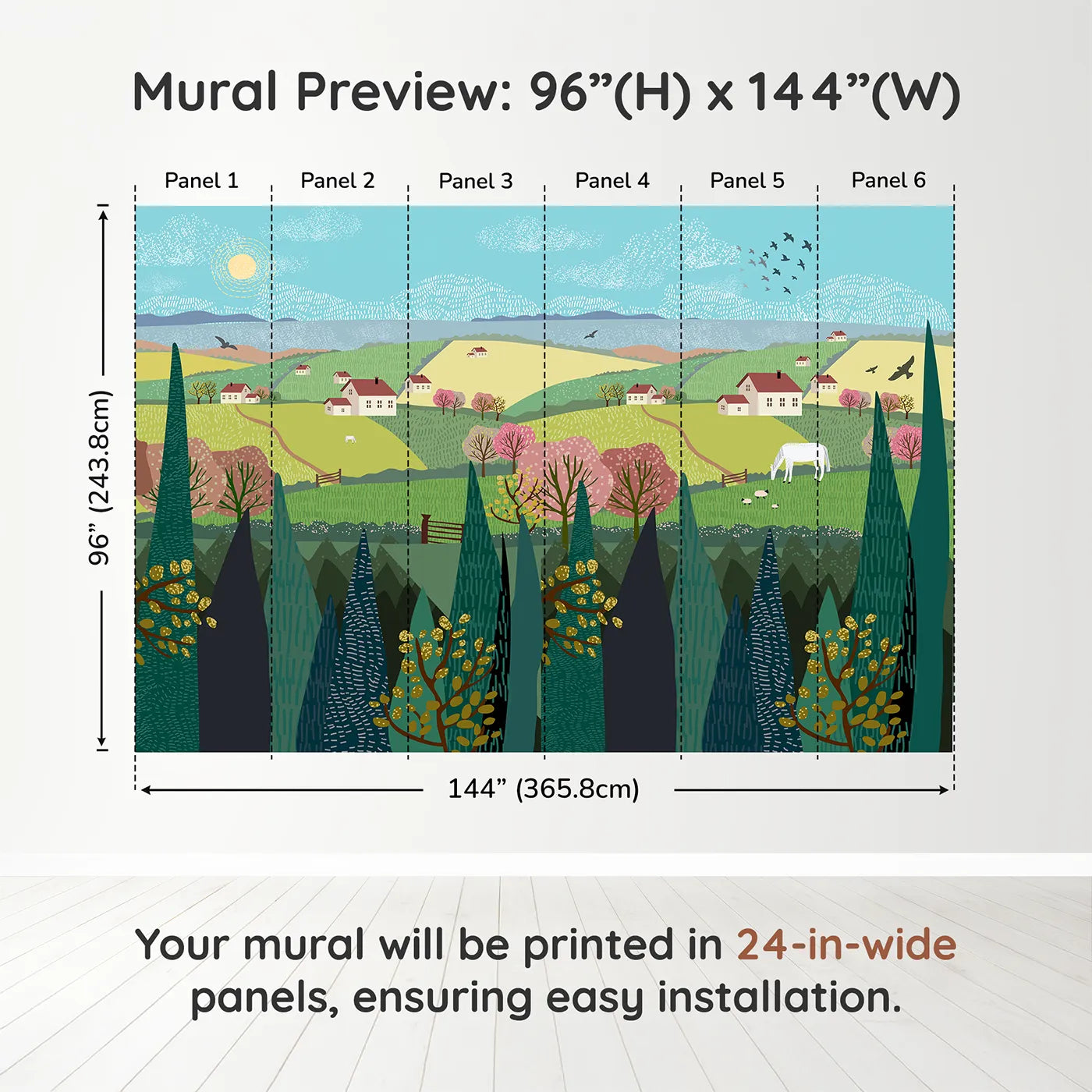 Whimsy Tots Spring Valley Farms Wall Muraldimension view (96" H x 144" W). Printed in six 24-inch-wide panels. Gender-Neutral