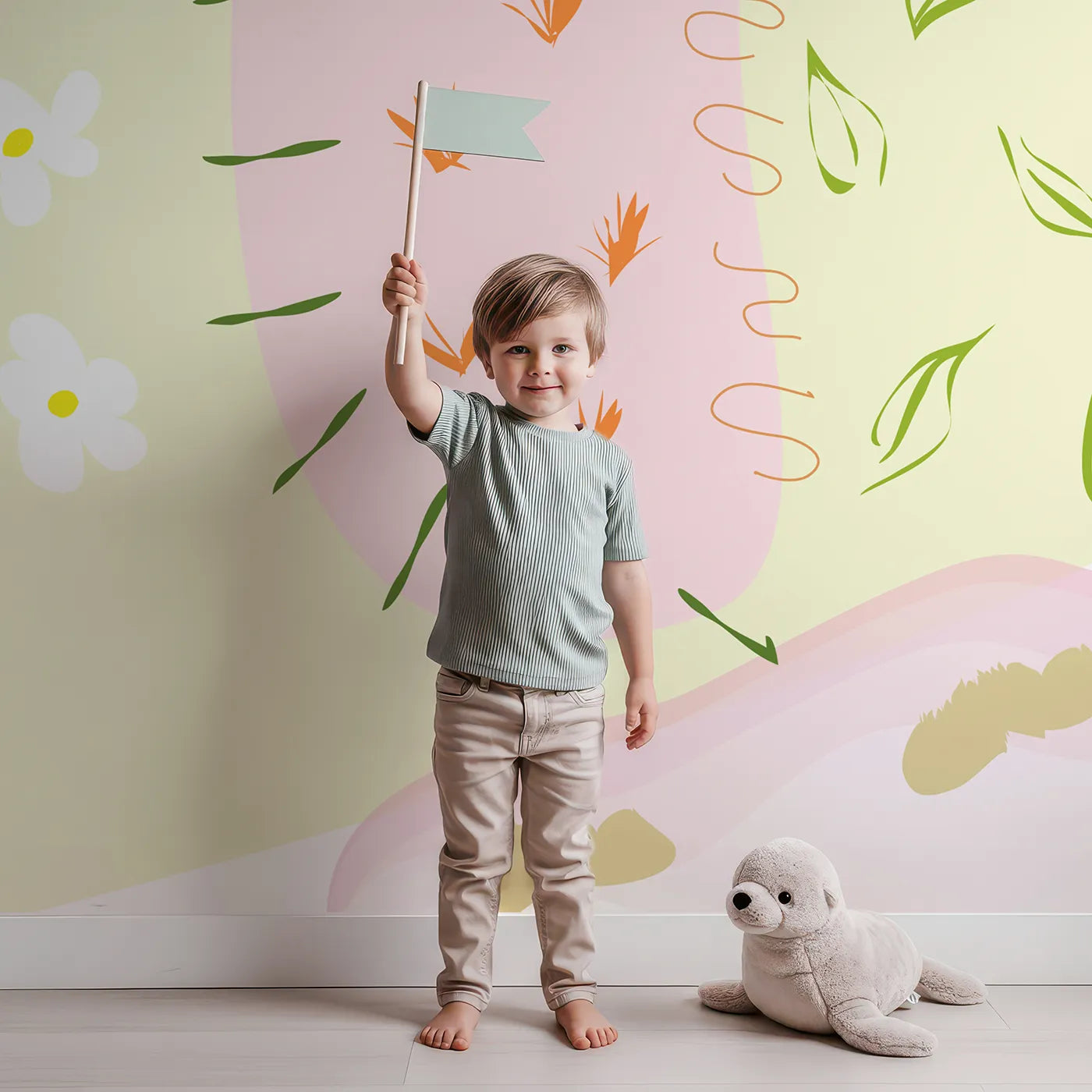Child in front of Whimsy Tots Abstract Meadow Doodles Wall Mural with abstract, doodle, flower, meadow, pink, green, pattern, heart in design.