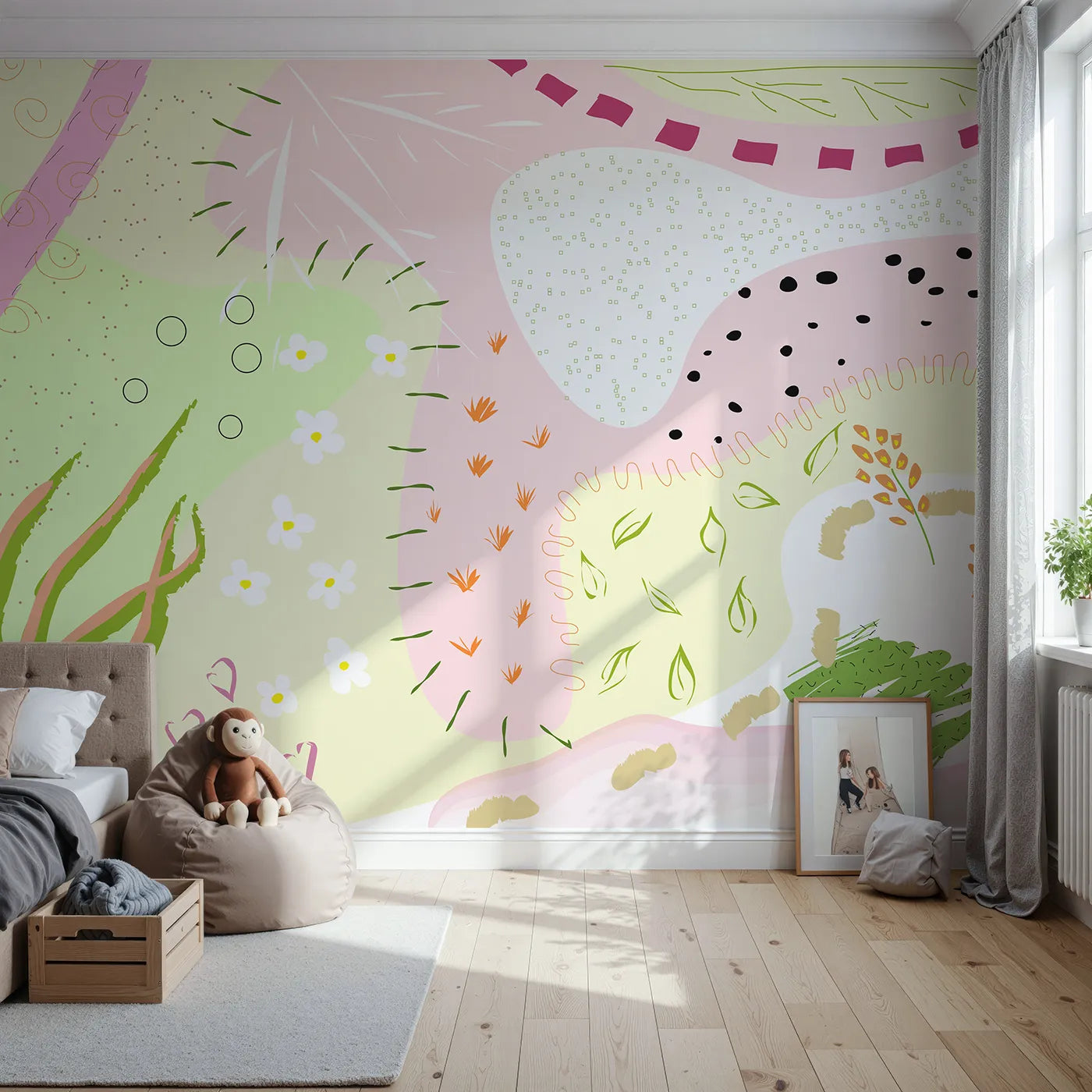 Front view of Whimsy Tots' Abstract Meadow Doodles Wall Mural