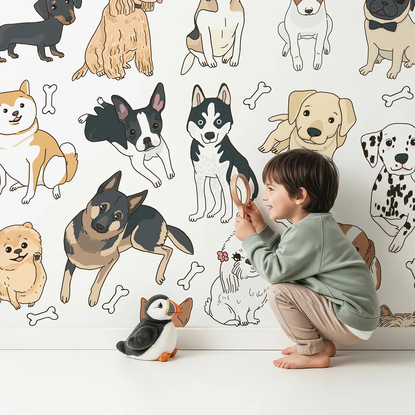 Child in front of Whimsy Tots I Love Dogs Wall Mural with dog, puppy, pet, animal, dalmatian, pug, corgi, bone in design.
