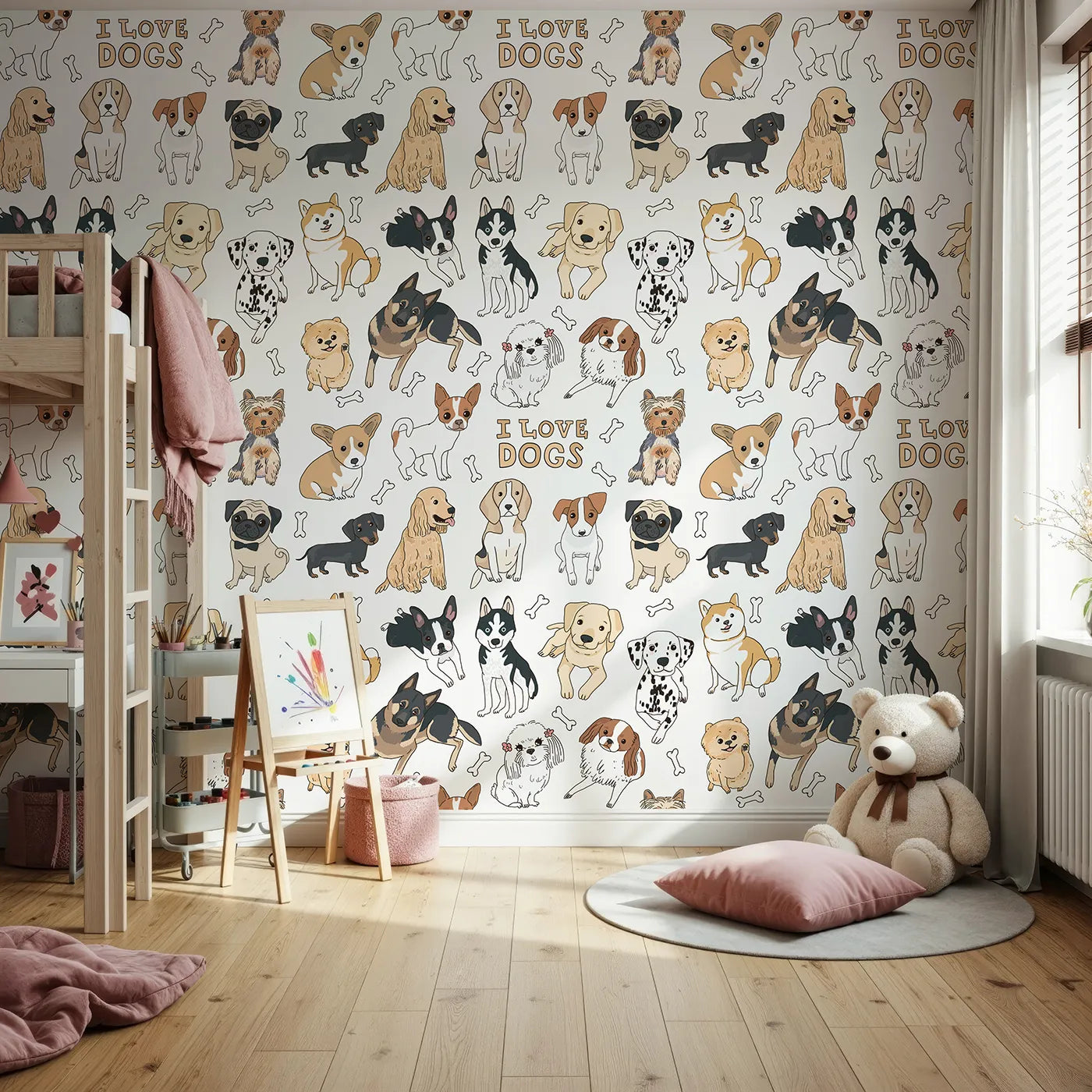 Front view of Whimsy Tots' I Love Dogs Wall Mural