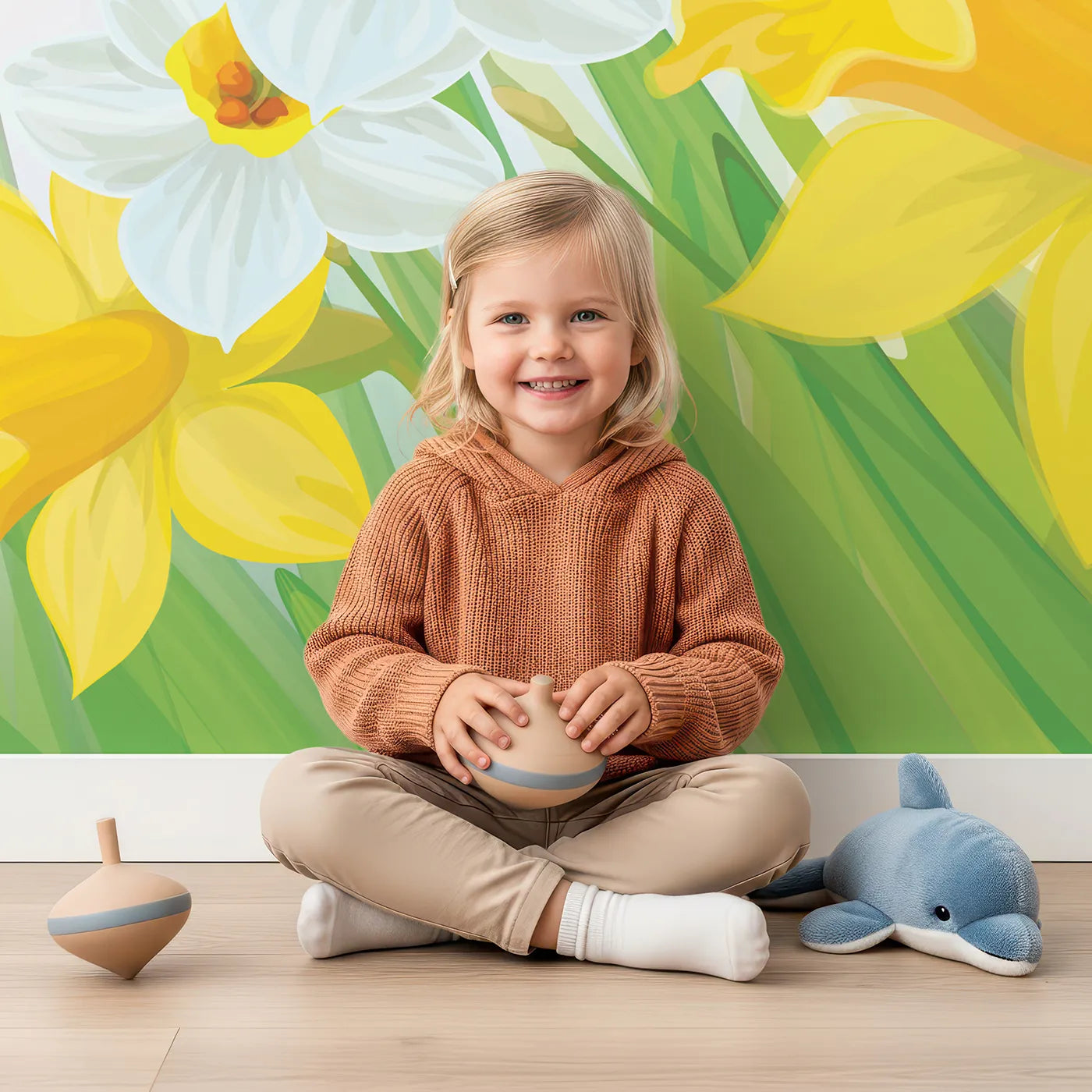 Child in front of Whimsy Tots Spring Daffodils Wall Mural with daffodil, flower, spring, sun, sky, grass, nature, yellow in design.
