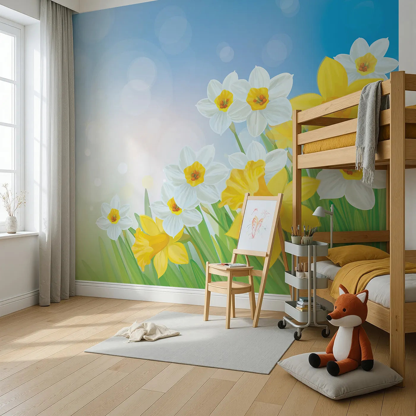 Angled view of Whimsy Tots' Spring Daffodils Wall Mural (Turn Their Room into a Bright and Sunny Spring Day).Gender-Neutral