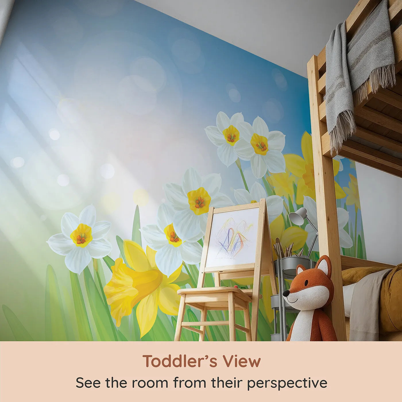 Whimsy Tots Spring Daffodils Wall Mural (Turn Their Room into a Bright and Sunny Spring Day) from your child's view.Gender-Neutral