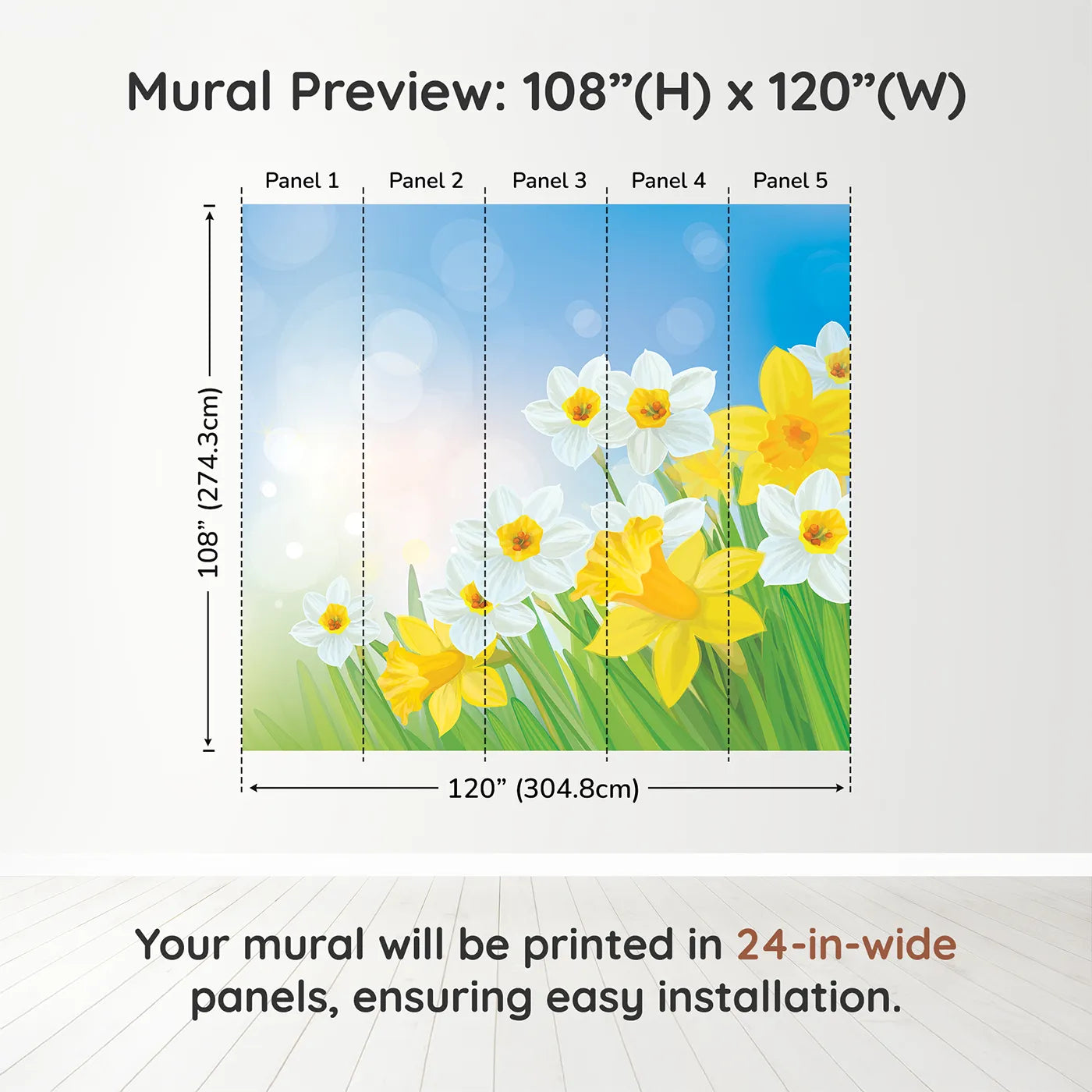 Whimsy Tots Spring Daffodils Wall Muraldimension view (108" H x 120" W). Printed in five 24-inch-wide panels. Gender-Neutral