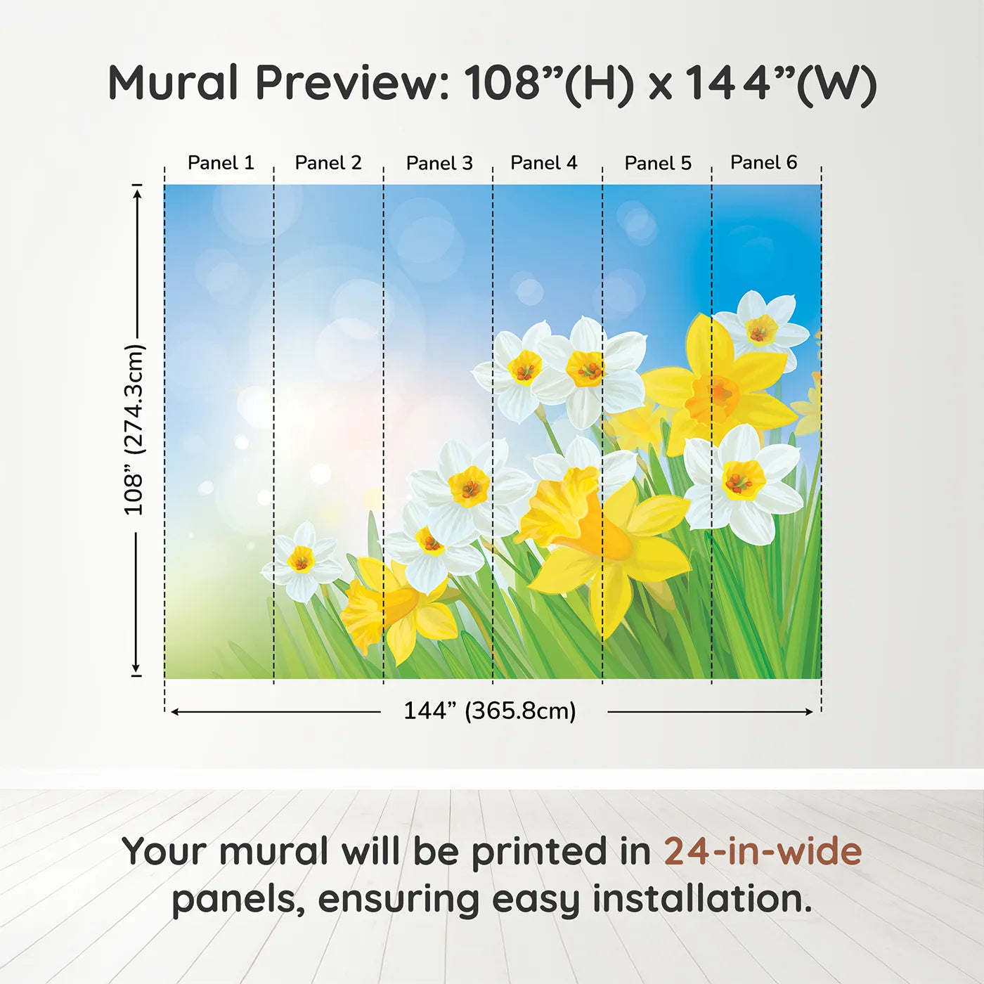 Whimsy Tots Spring Daffodils Wall Muraldimension view (108" H x 144" W). Printed in six 24-inch-wide panels. Gender-Neutral