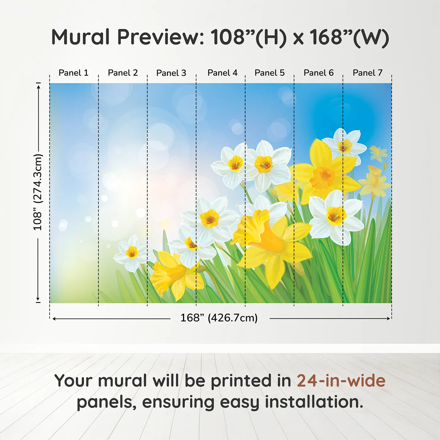 Whimsy Tots Spring Daffodils Wall Muraldimension view (108" H x 168" W). Printed in seven 24-inch-wide panels. Gender-Neutral