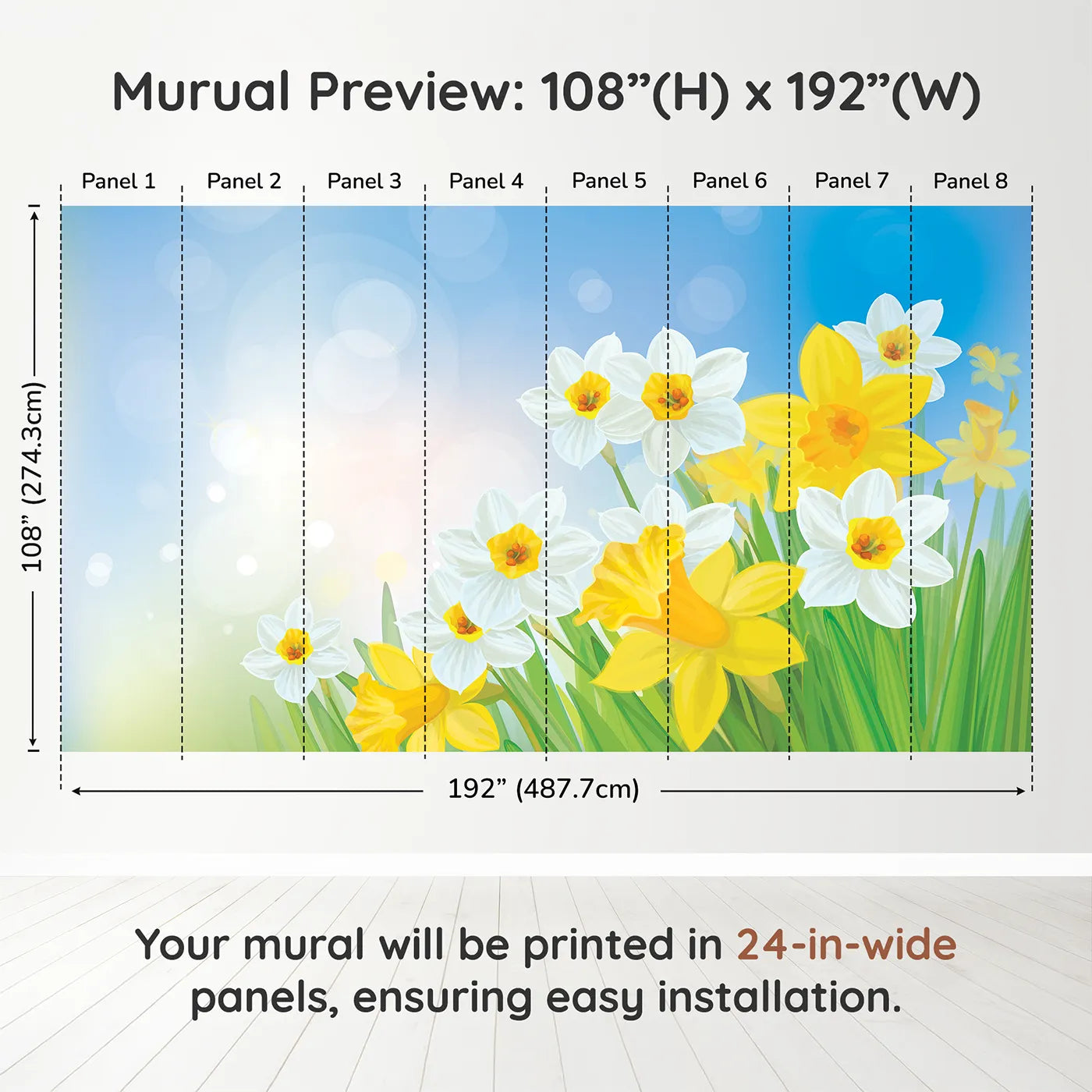 Whimsy Tots Spring Daffodils Wall Muraldimension view (108" H x 192" W). Printed in eight 24-inch-wide panels. Gender-Neutral