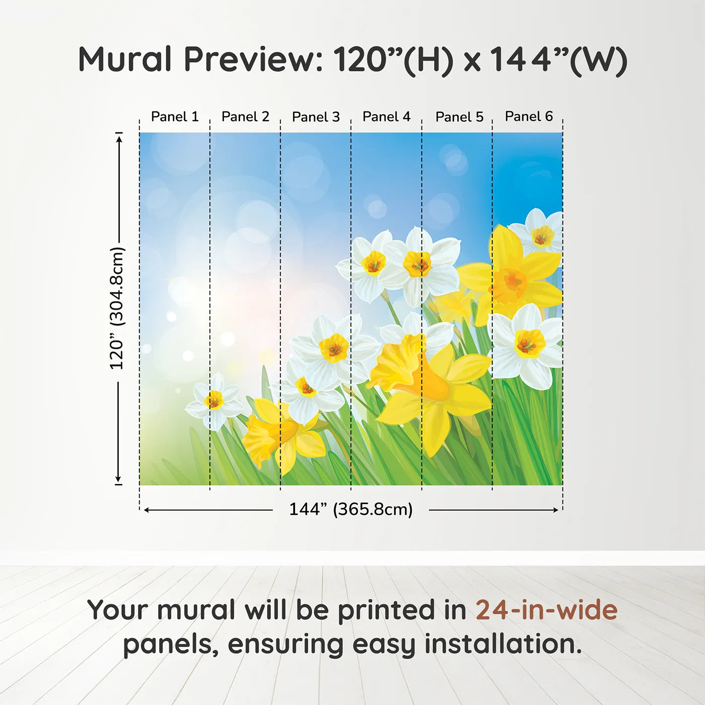 Whimsy Tots Spring Daffodils Wall Muraldimension view (120" H x 144" W). Printed in six 24-inch-wide panels. Gender-Neutral