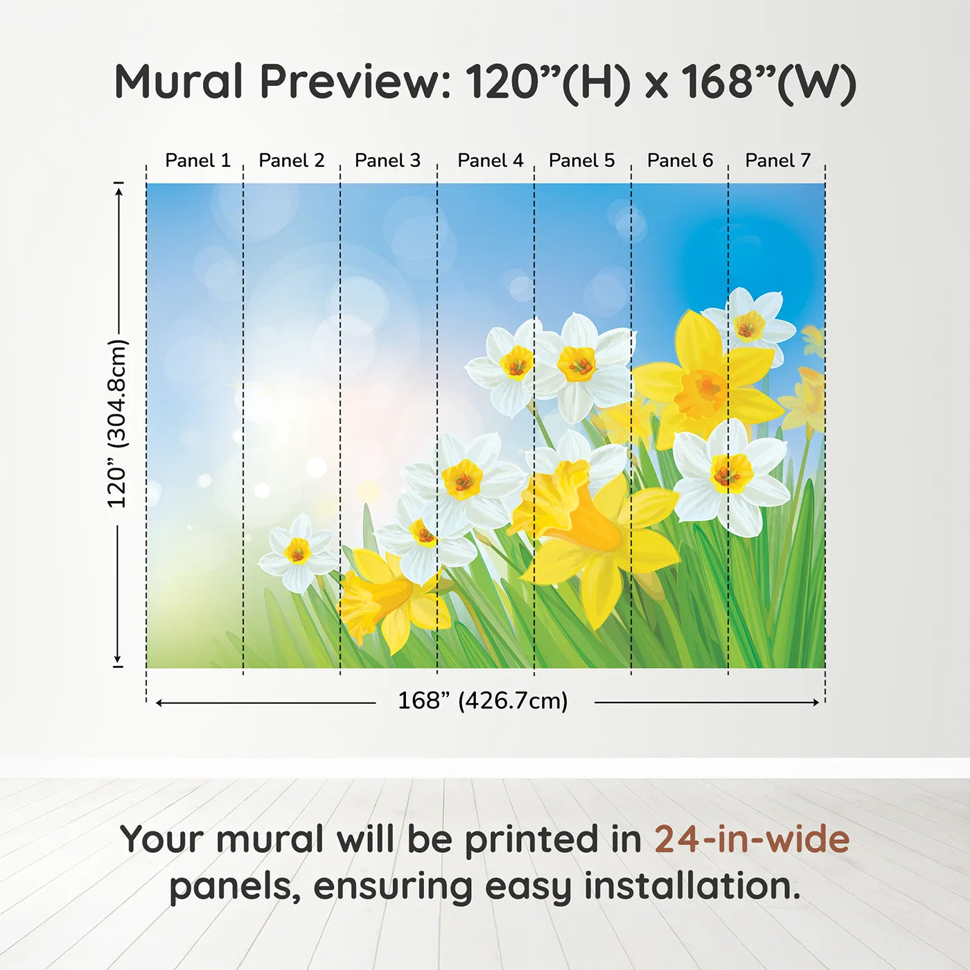 Whimsy Tots Spring Daffodils Wall Muraldimension view (120" H x 168" W). Printed in seven 24-inch-wide panels. Gender-Neutral