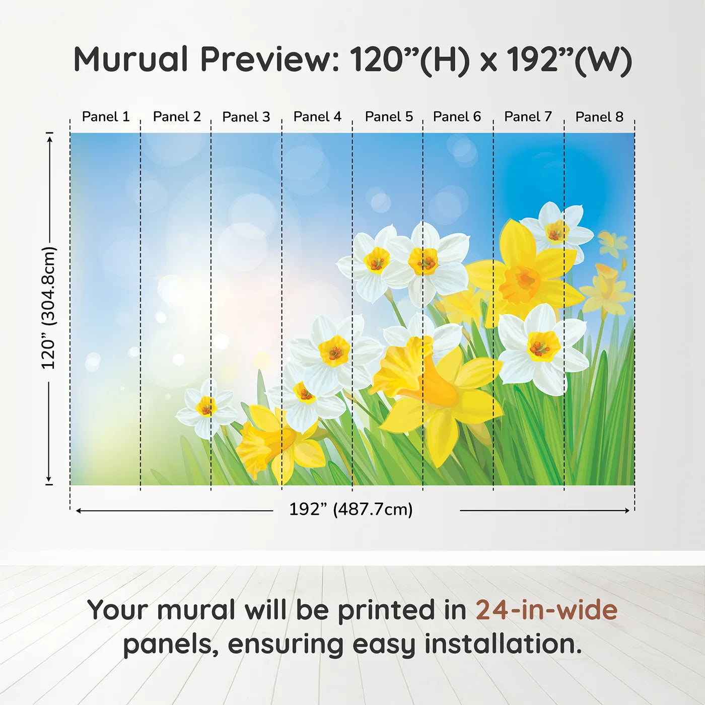 Whimsy Tots Spring Daffodils Wall Muraldimension view (120" H x 192" W). Printed in eight 24-inch-wide panels. Gender-Neutral