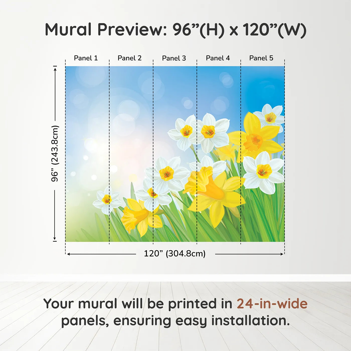 Whimsy Tots Spring Daffodils Wall Muraldimension view (96" H x 120" W). Printed in five 24-inch-wide panels. Gender-Neutral