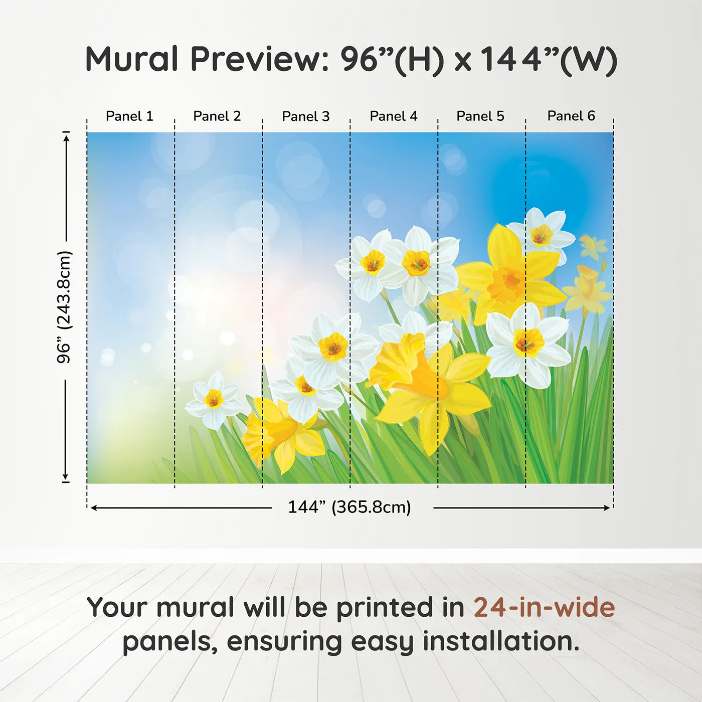 Whimsy Tots Spring Daffodils Wall Muraldimension view (96" H x 144" W). Printed in six 24-inch-wide panels. Gender-Neutral