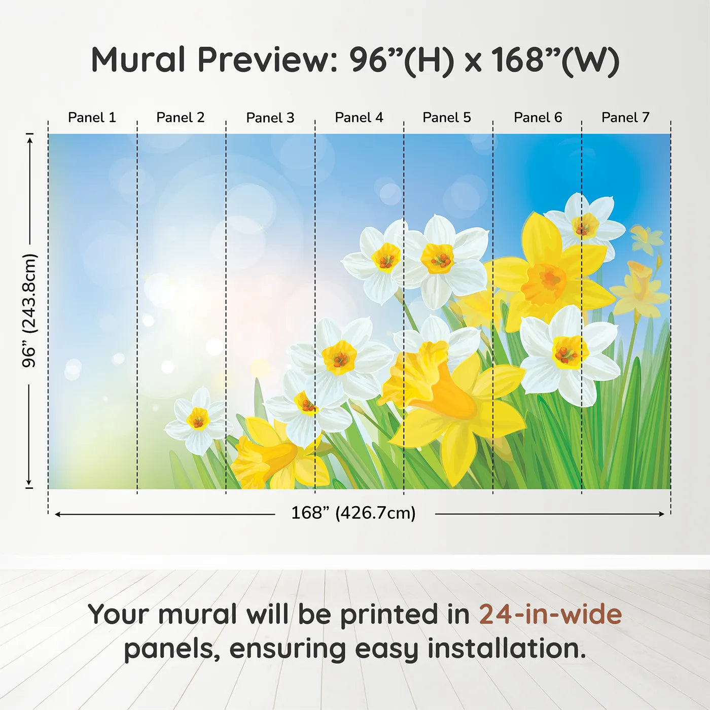 Whimsy Tots Spring Daffodils Wall Muraldimension view (96" H x 168" W). Printed in seven 24-inch-wide panels. Gender-Neutral
