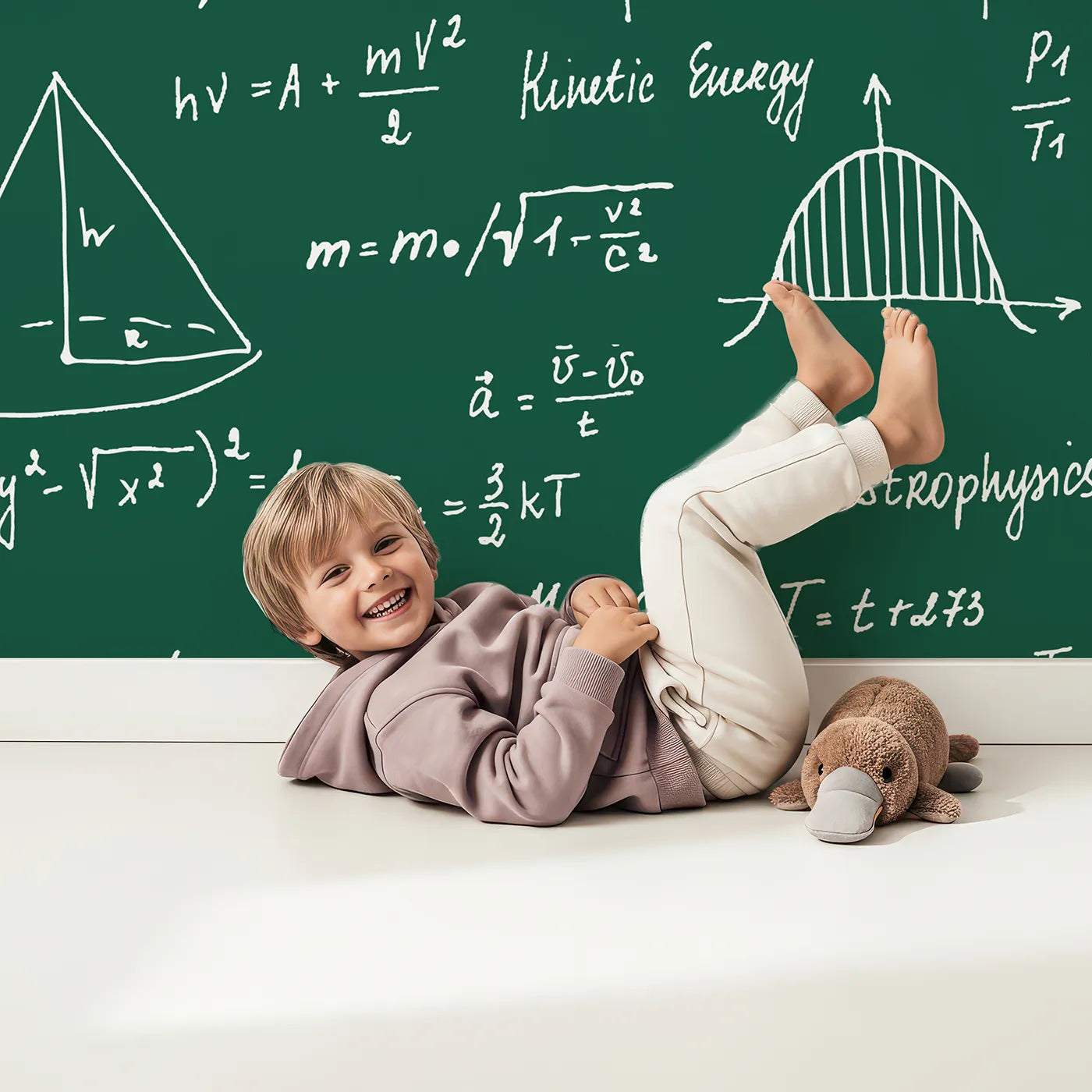 Child in front of Whimsy Tots Physics Chalkboard Wall Mural with science, physics, math, equation, formula, chalkboard, learn in design.