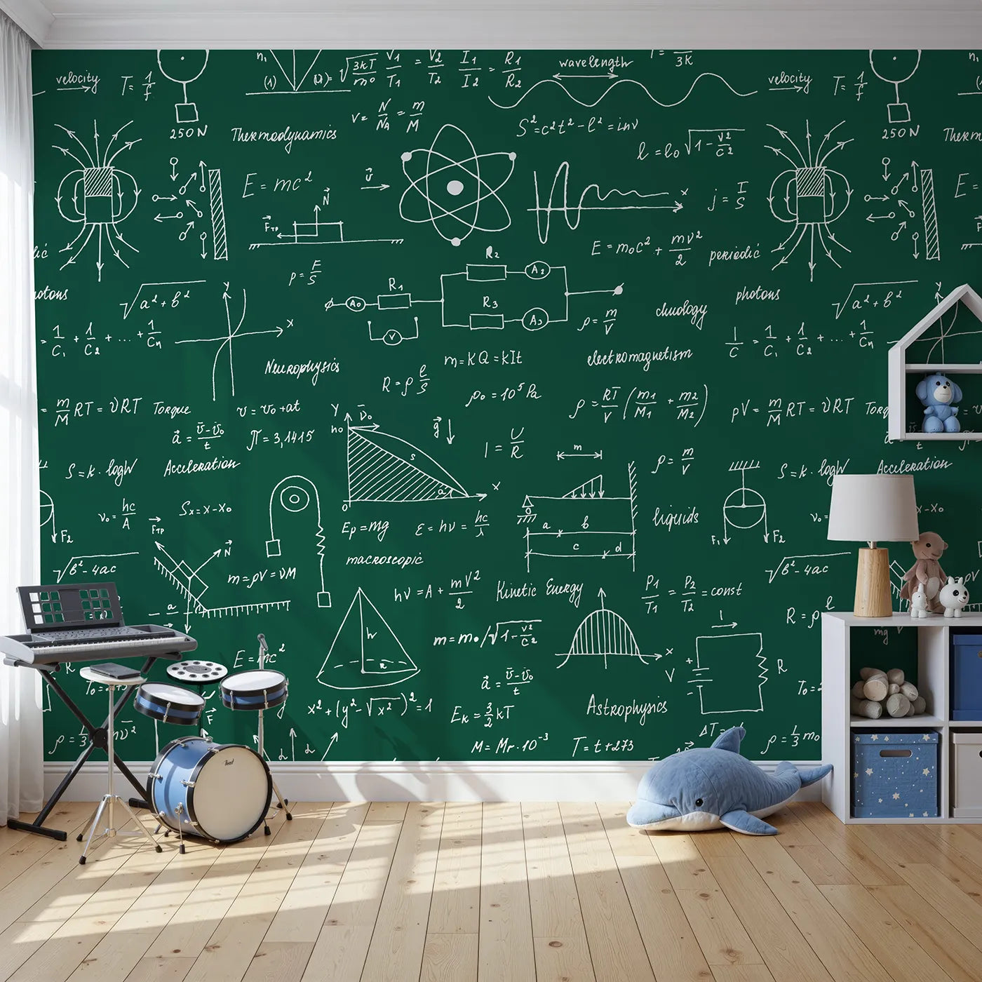 Front view of Whimsy Tots' Physics Chalkboard Wall Mural