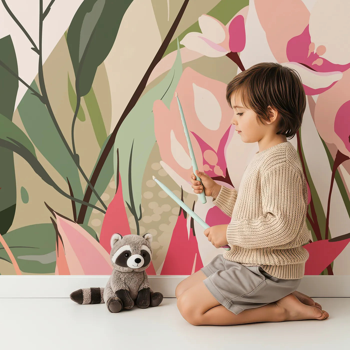 Child in front of Whimsy Tots Tropical Garden Border Wall Mural with tropical, flower, leaf, jungle, hibiscus, plumeria, botanical, pink in design.