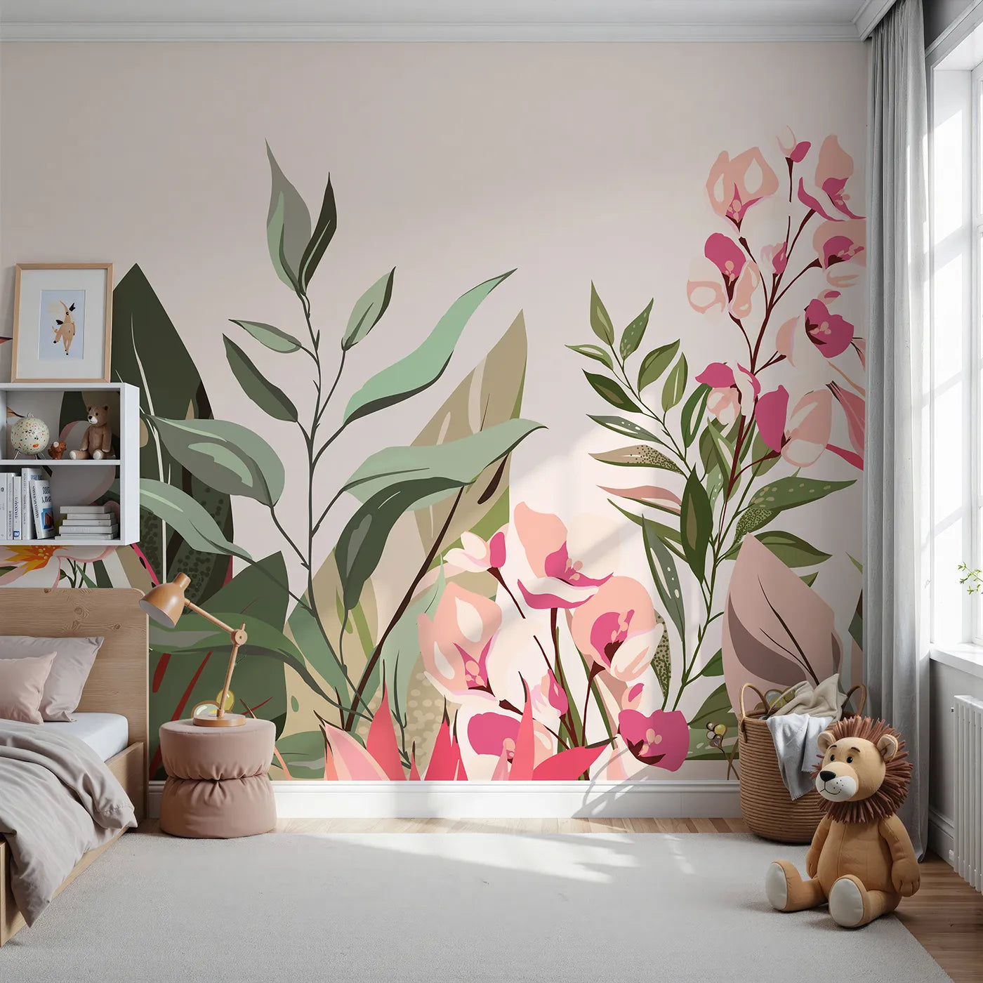 Front view of Whimsy Tots' Tropical Garden Border Wall Mural