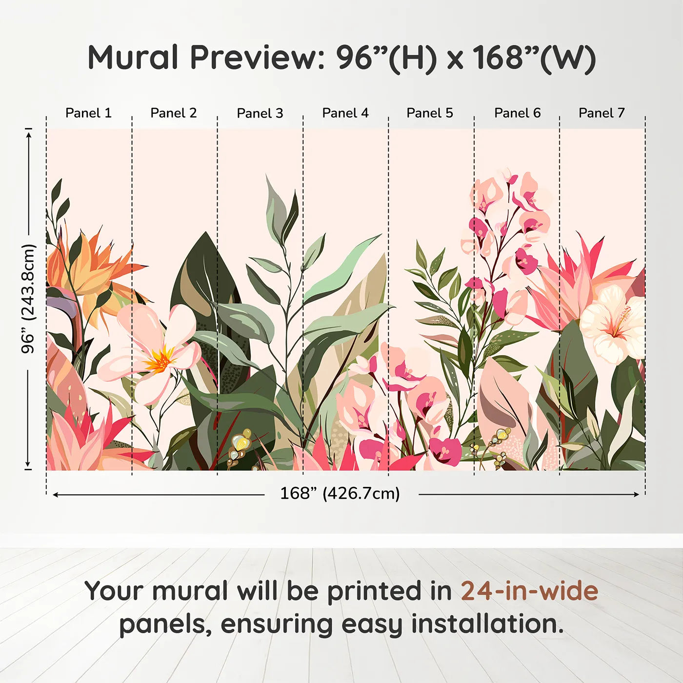 Whimsy Tots Tropical Garden Border Wall Muraldimension view (96" H x 168" W). Printed in seven 24-inch-wide panels. Best for Girls