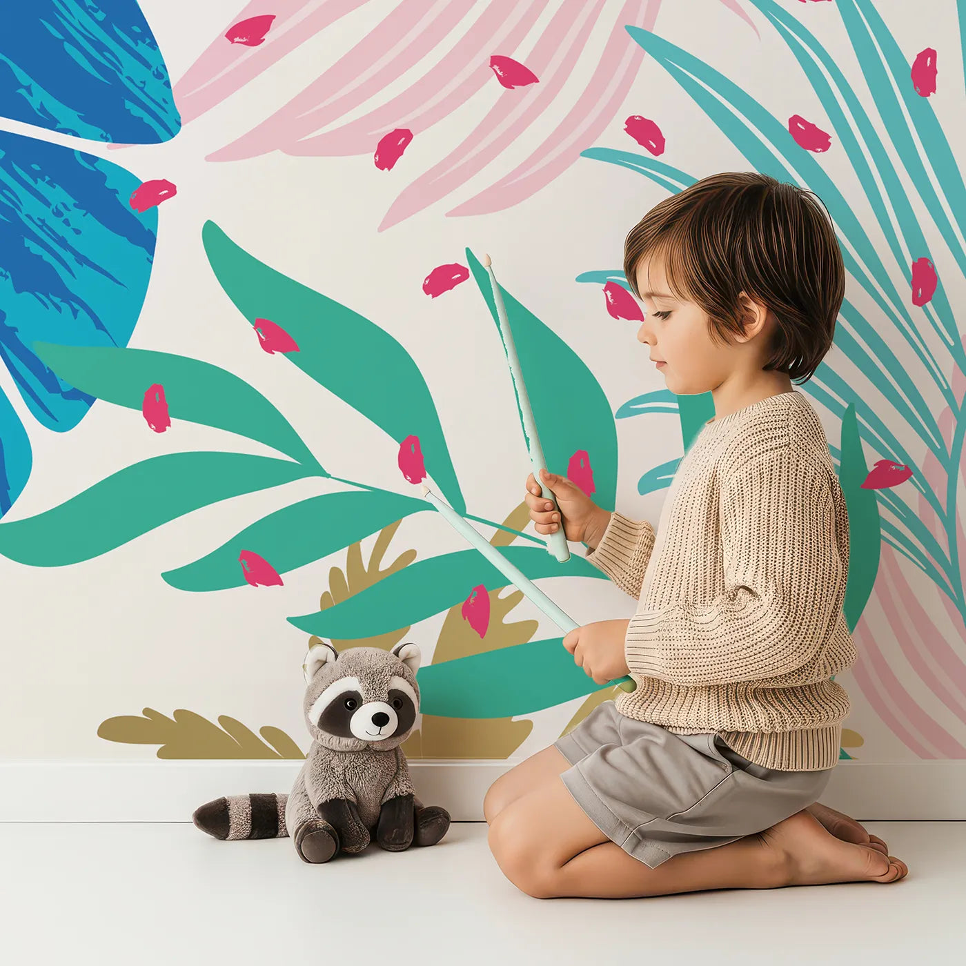 Child in front of Whimsy Tots Pop Art Palm Leaves Wall Mural with tropical, palm, leaf, monstera, pink, blue, gold, dot in design.