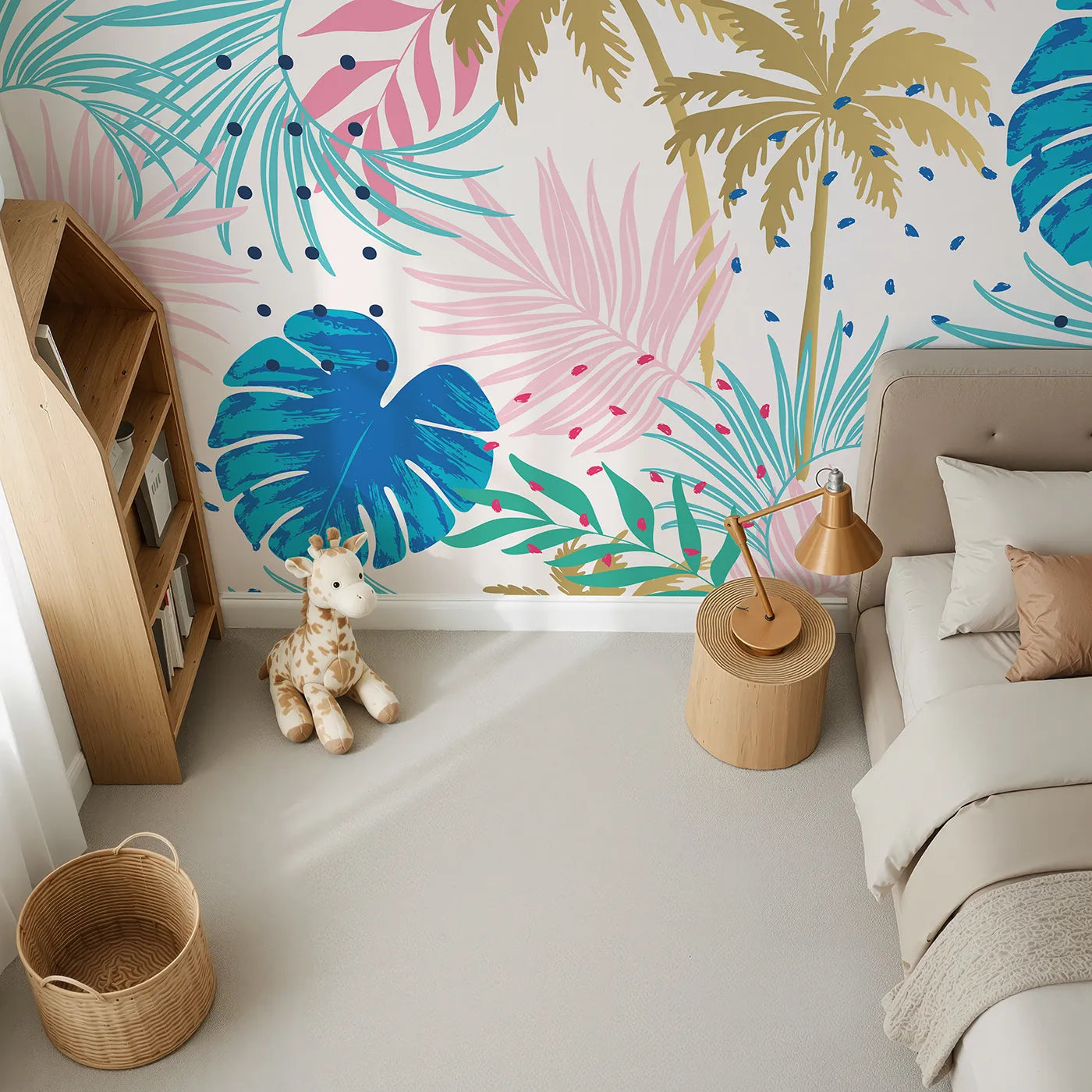 Top-down view of Whimsy Tots' Pop Art Palm Leaves Wall Mural (Turn Their Room into a Funky Tropical Getaway).Gender-Neutral