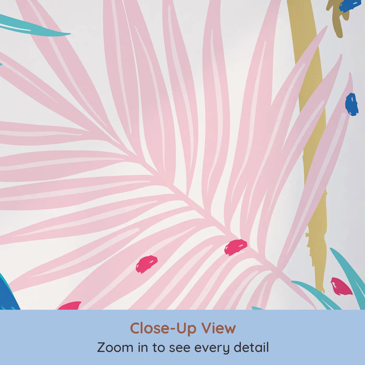 Close-up view of Whimsy Tots' Pop Art Palm Leaves Wall Mural (Turn Their Room into a Funky Tropical Getaway).Gender-Neutral