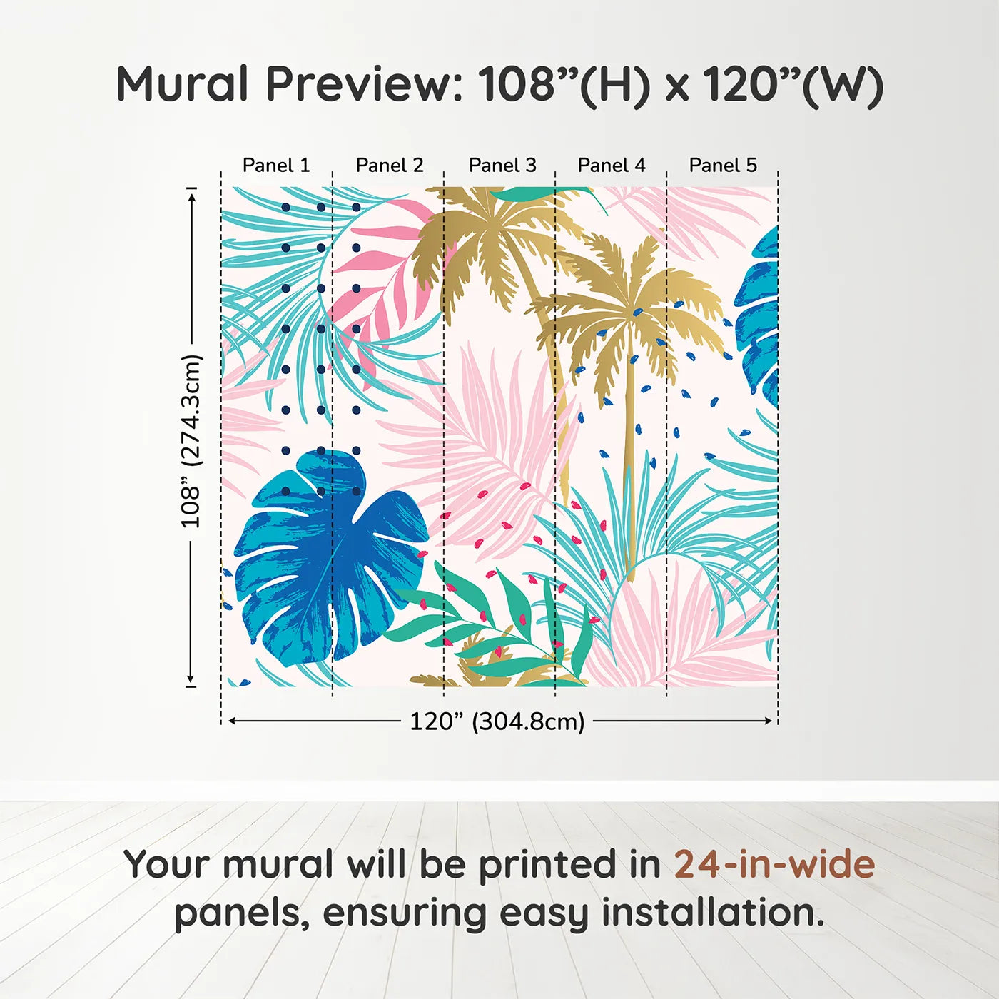 Whimsy Tots Pop Art Palm Leaves Wall Muraldimension view (108" H x 120" W). Printed in five 24-inch-wide panels. Gender-Neutral