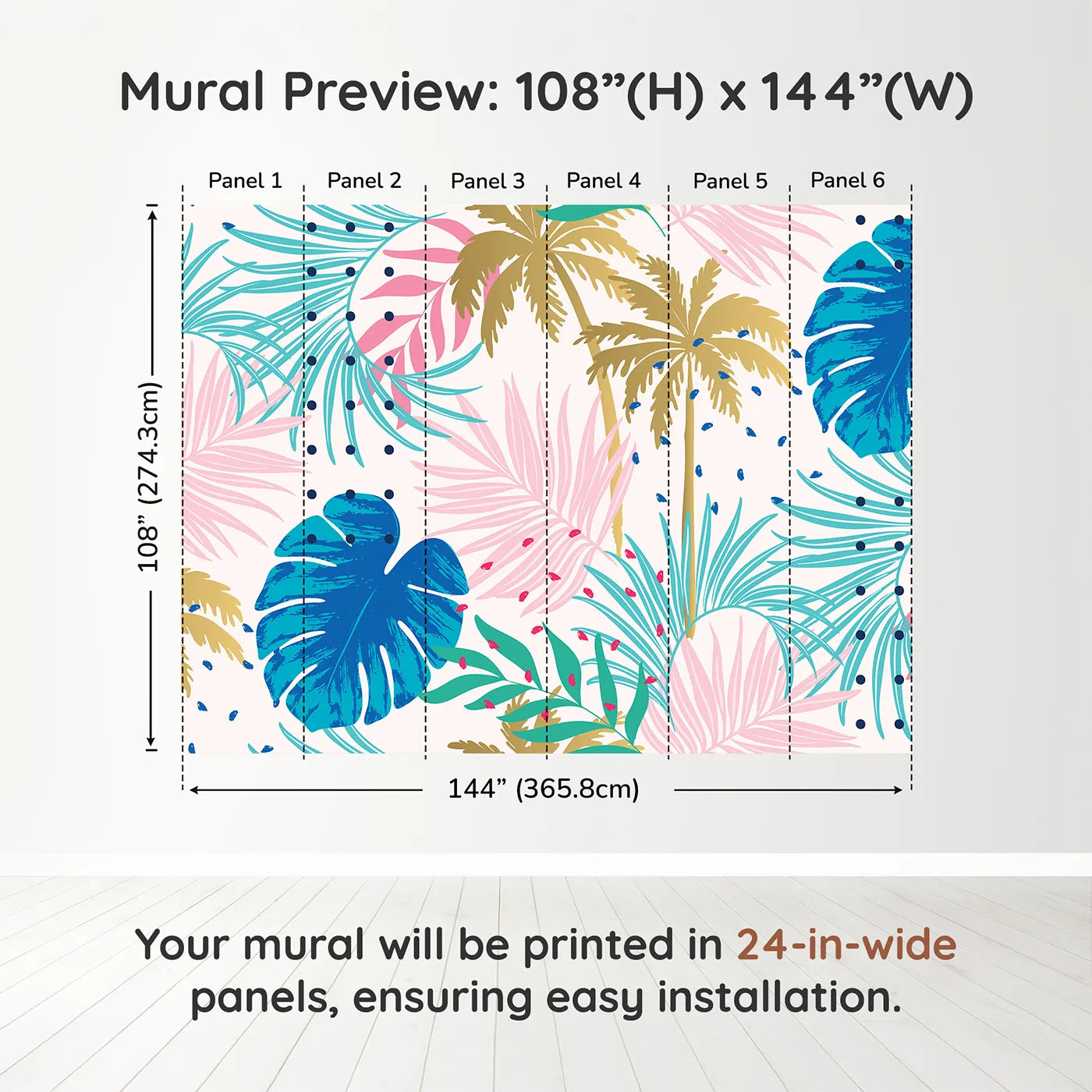 Whimsy Tots Pop Art Palm Leaves Wall Muraldimension view (108" H x 144" W). Printed in six 24-inch-wide panels. Gender-Neutral