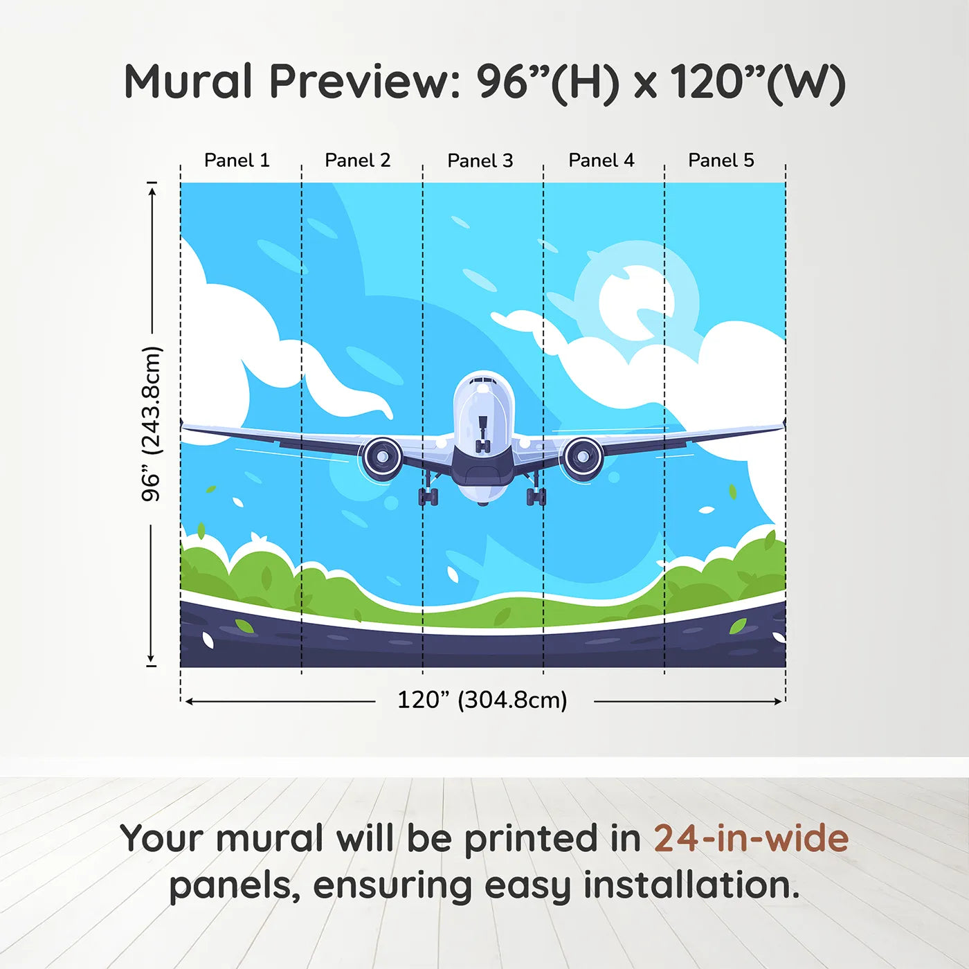 Whimsy Tots Airplane Takeoff Wall Muraldimension view (96" H x 120" W). Printed in five 24-inch-wide panels. Gender-Neutral