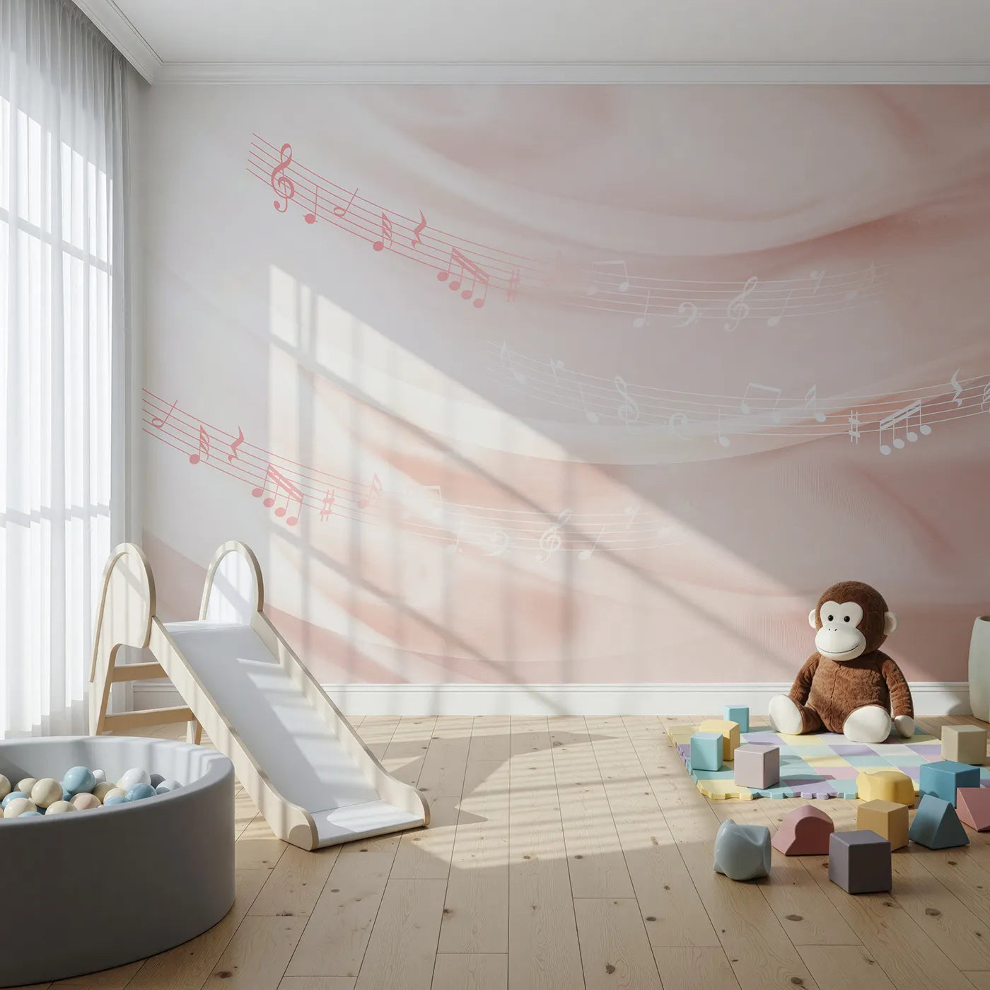 Front view of Whimsy Tots' Gentle Melody Wall Mural in Pink