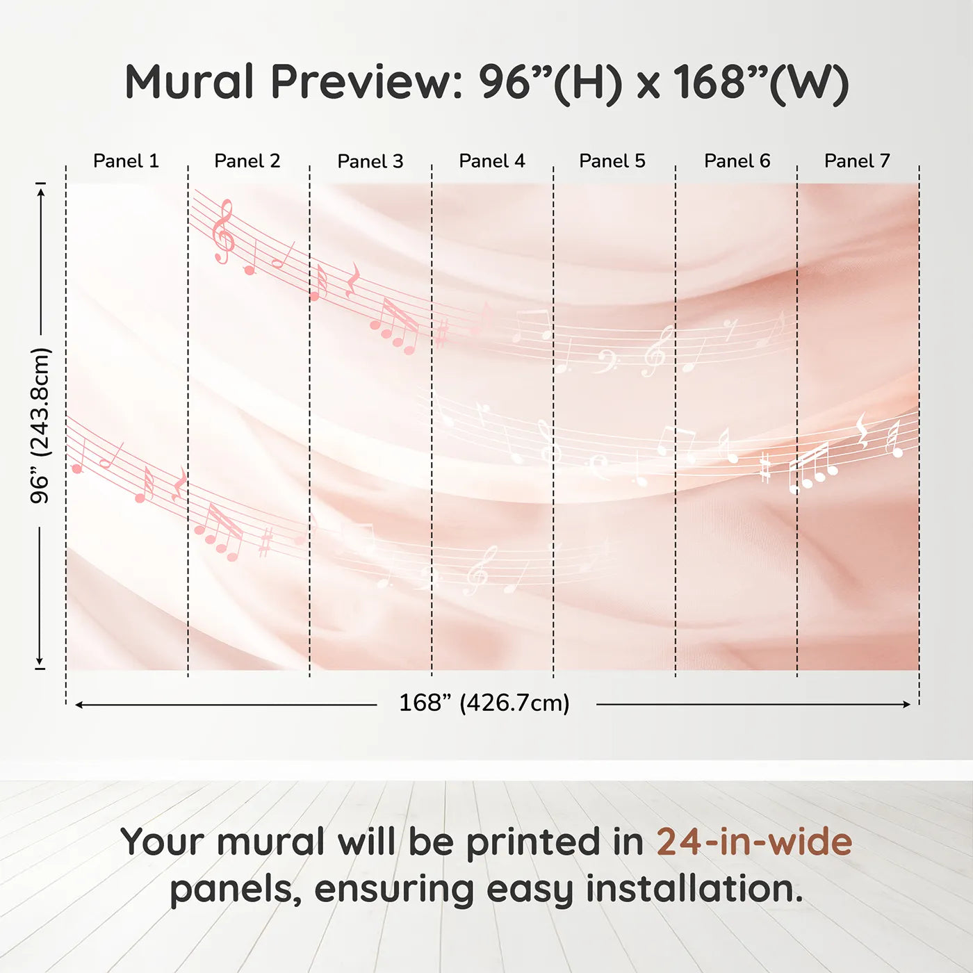Whimsy Tots Gentle Melody Wall Mural in Pinkdimension view (96" H x 168" W). Printed in seven 24-inch-wide panels. Best for Girls