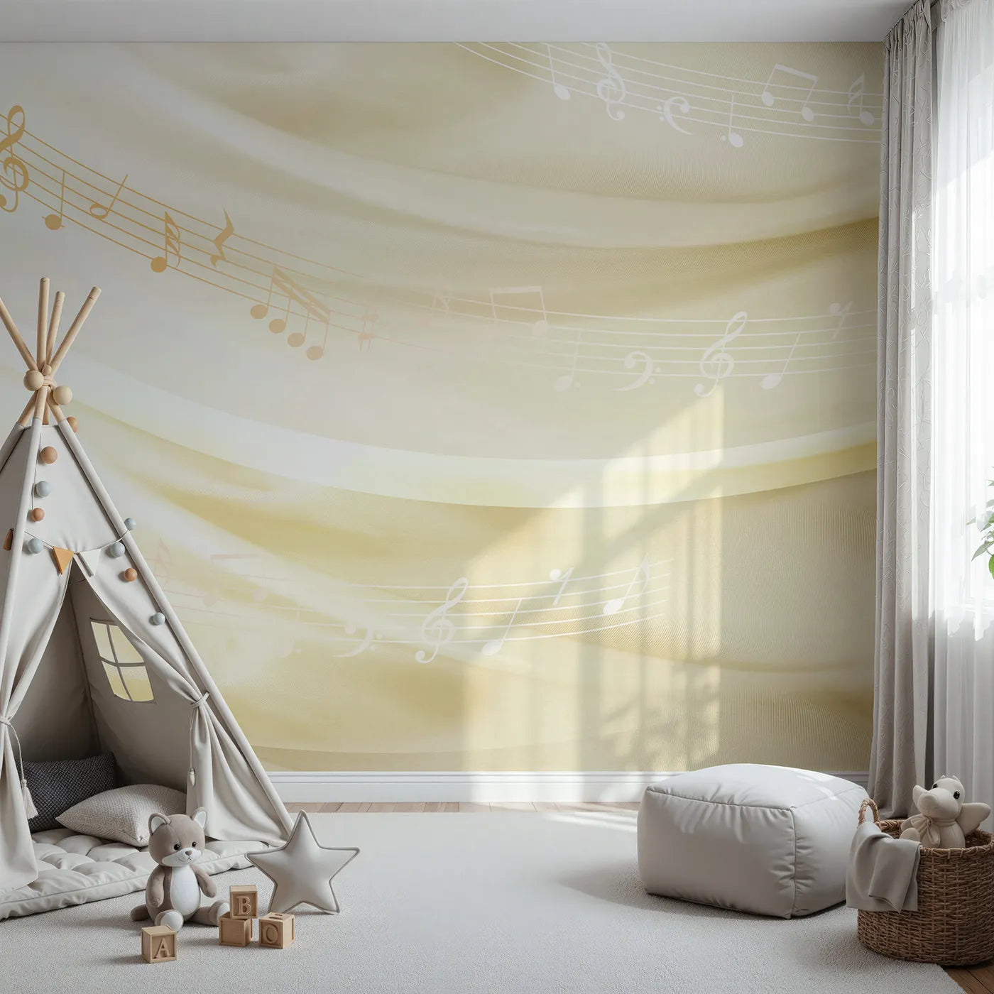 Front view of Whimsy Tots' Gentle Melody Wall Mural in Gold