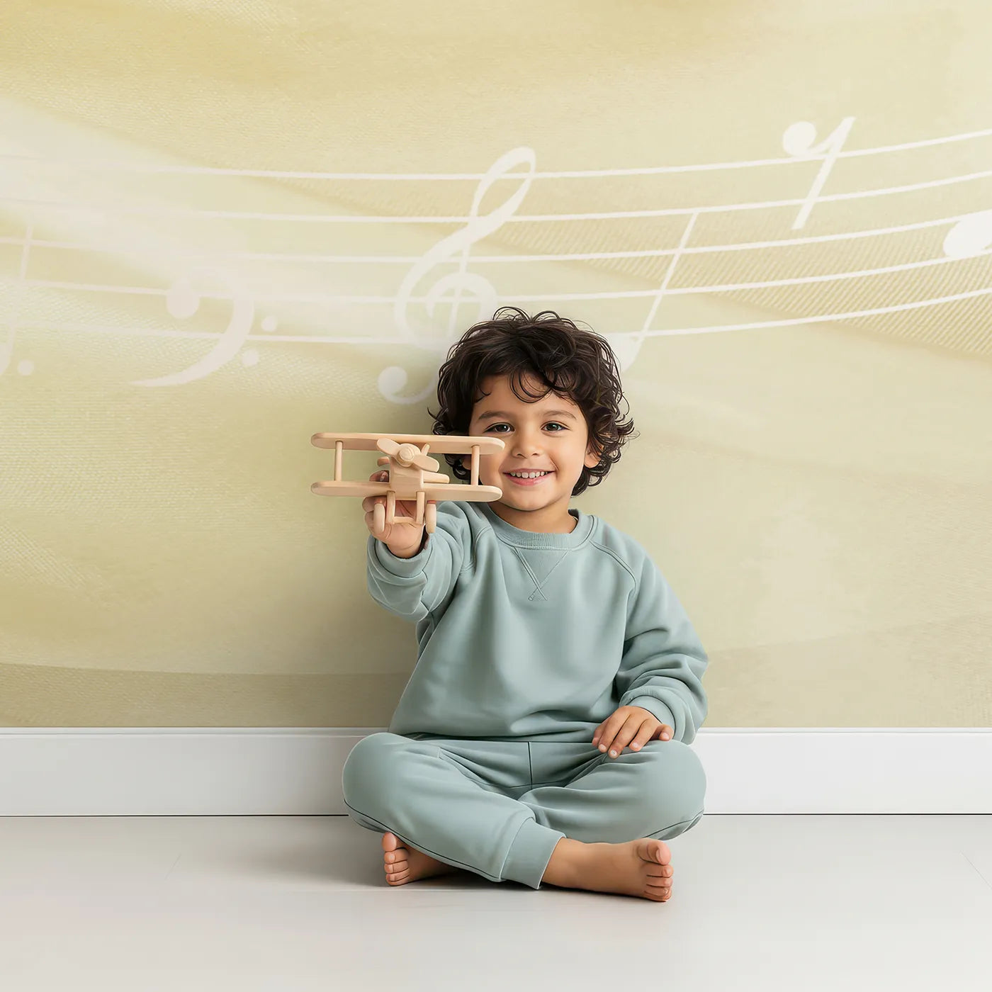 Child in front of Whimsy Tots Gentle Melody Wall Mural in Gold with music, note, gold, yellow, silk, soft, melody, gentle in design.