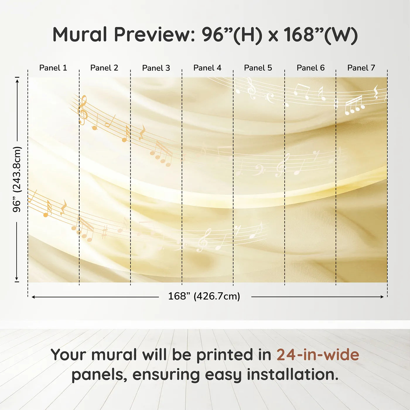 Whimsy Tots Gentle Melody Wall Mural in Golddimension view (96" H x 168" W). Printed in seven 24-inch-wide panels. Gender-Neutral